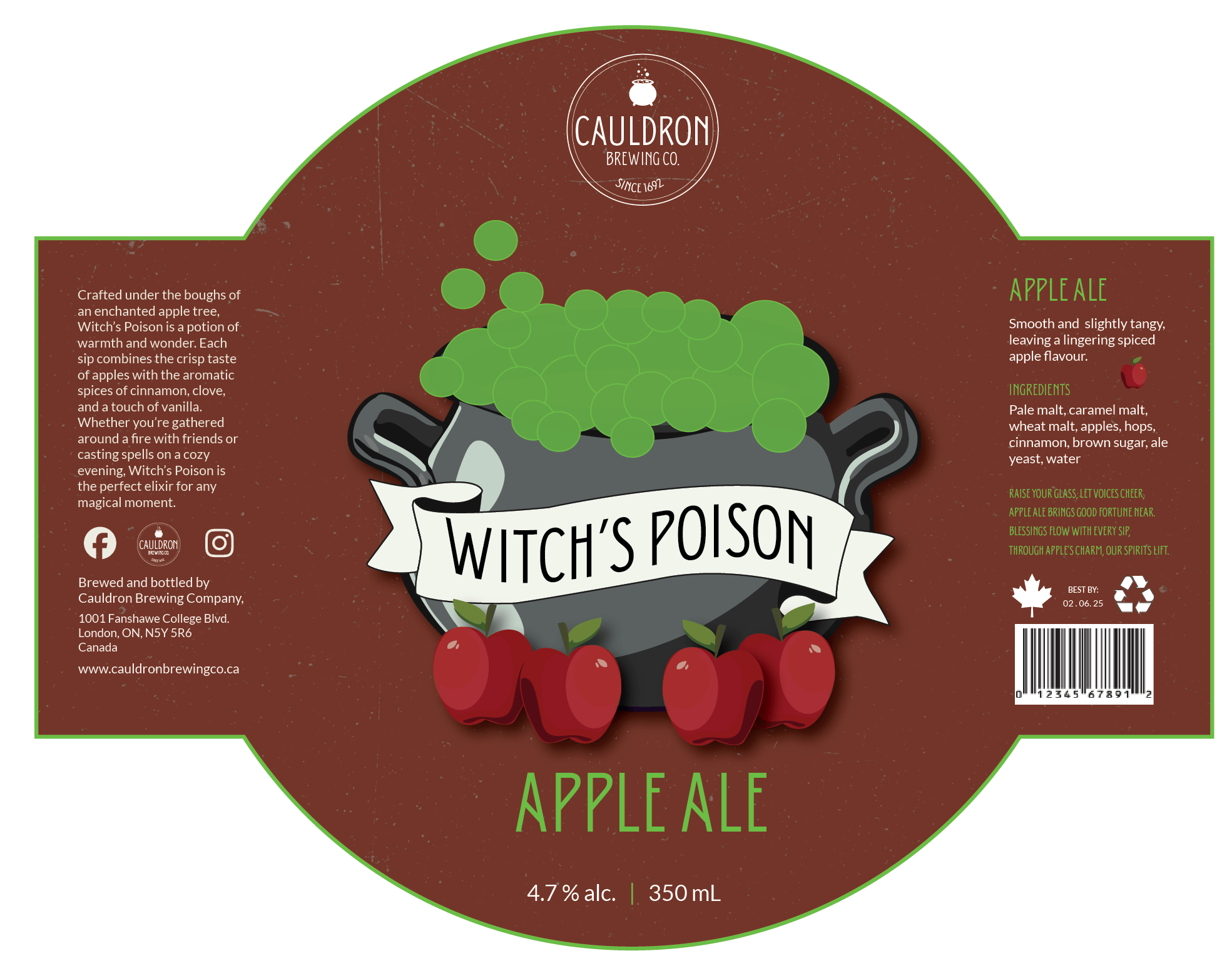 Full label design for Cauldron Brewing Co.’s Witch’s Poison Apple Ale, featuring a cauldron with green bubbles, red apples, a reddish‑brown background with green borders, descriptive copy, ingredients, brewery information, and product details.