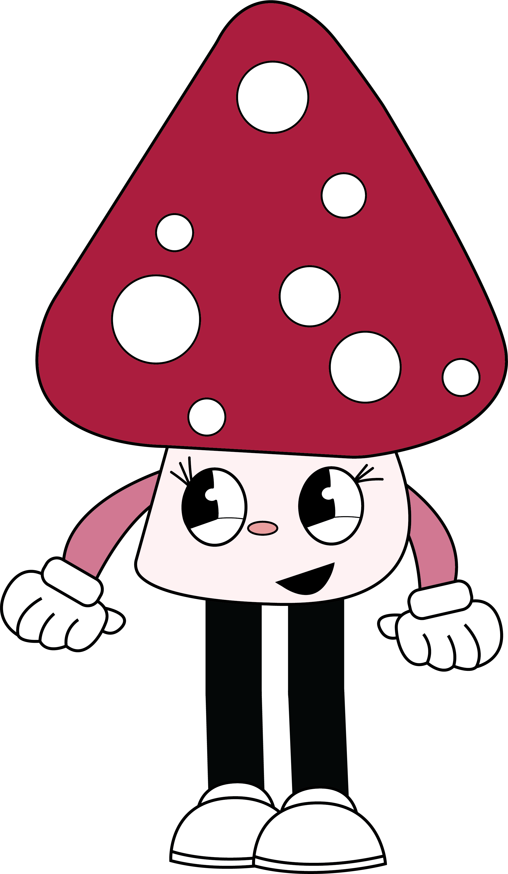 Cartoon mushroom character with a red spotted cap, large eyes, pink arms with white gloves, and black legs with white shoes.