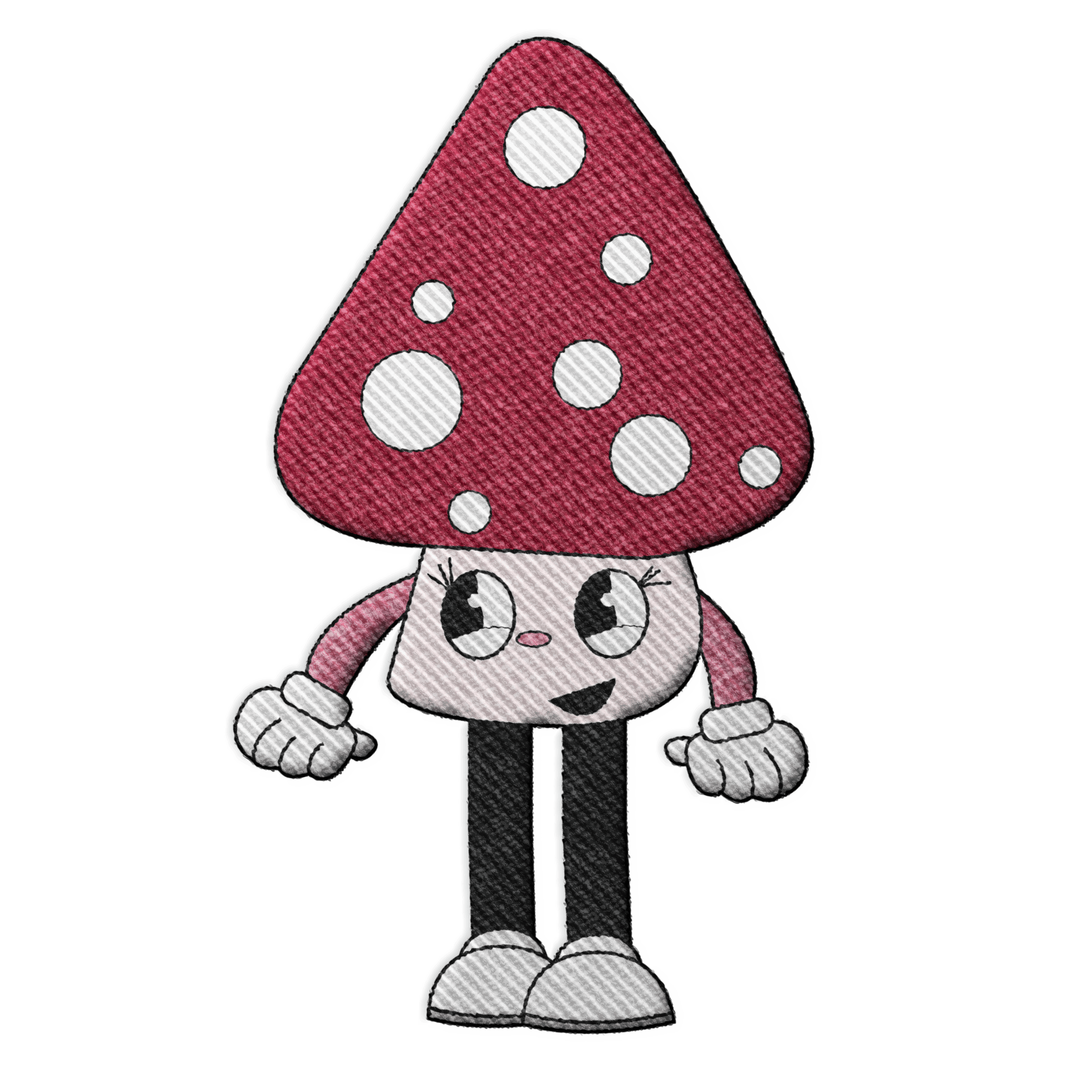 Embroidered cartoon mushroom character with a red spotted cap, white face, pink arms with gloves, and black legs with white shoes.
