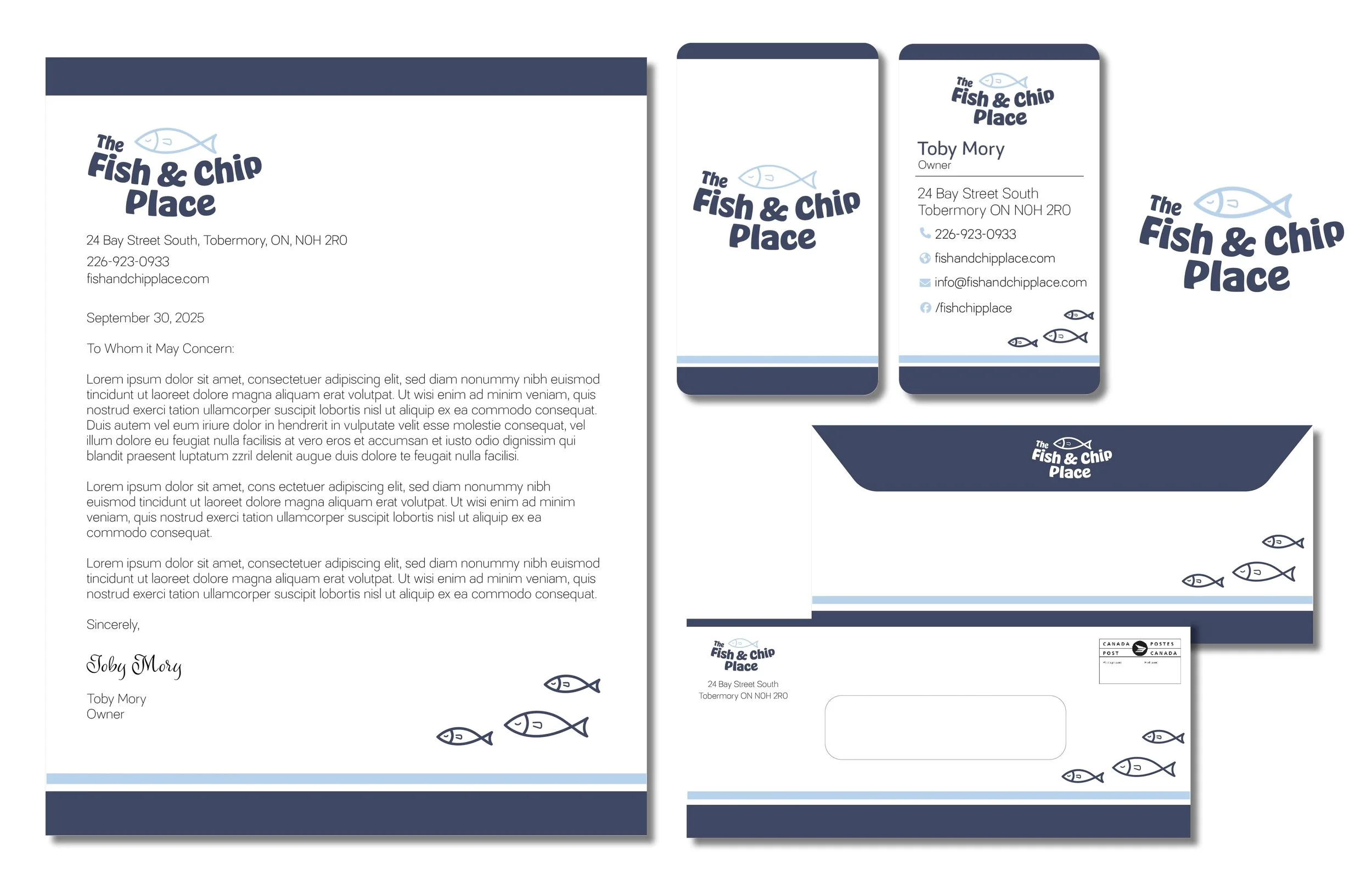 Branded stationary flat on a white background, featuring letterhead, business card, envelope, and company logo.