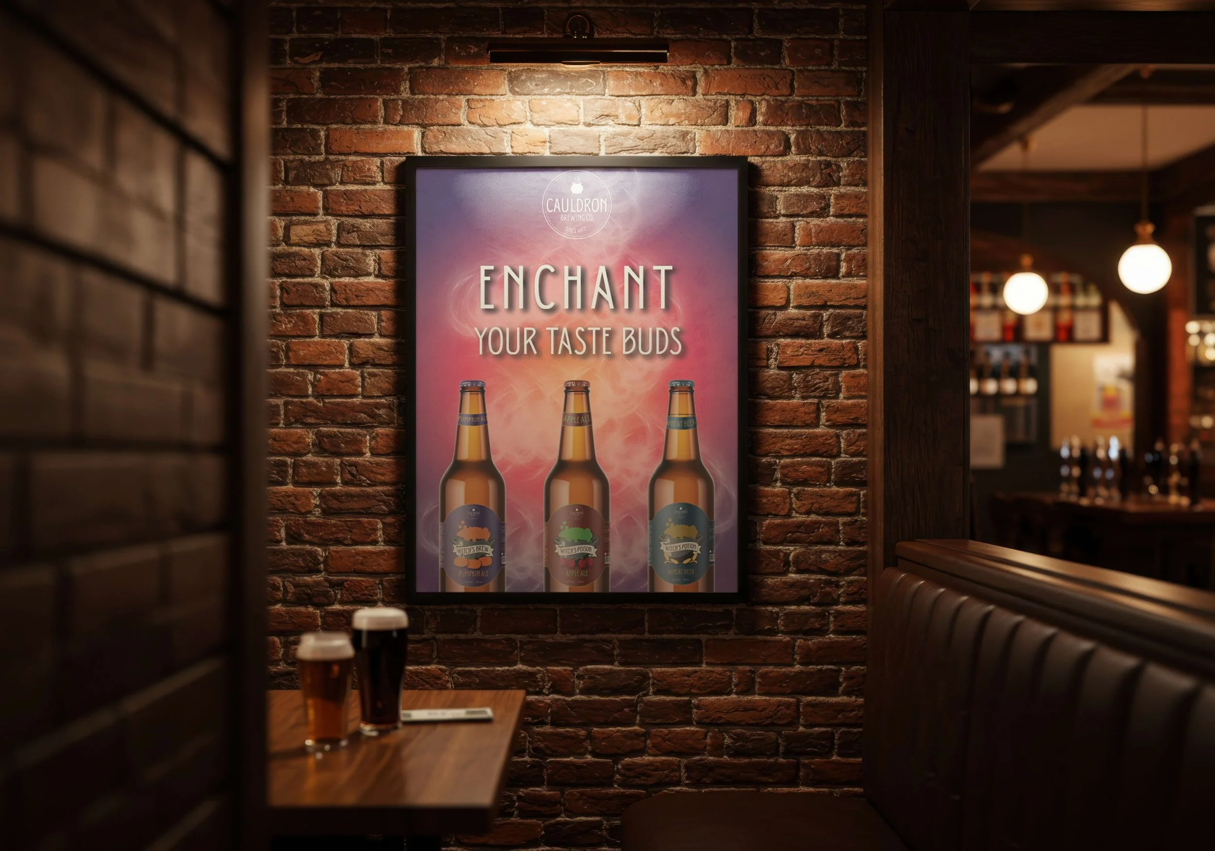 Warm pub setting with a brick wall, a framed Cauldron Brewing Co. poster featuring three beer bottles, and a wooden table holding two glasses of beer.