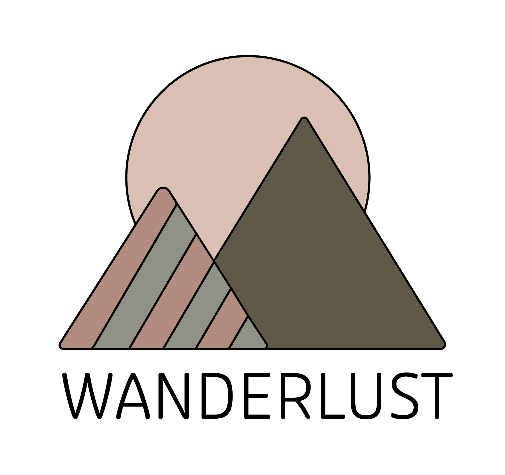 Minimalist graphic icon of two stylized mountains with a large circle behind them and the word ‘WANDERLUST’ below.