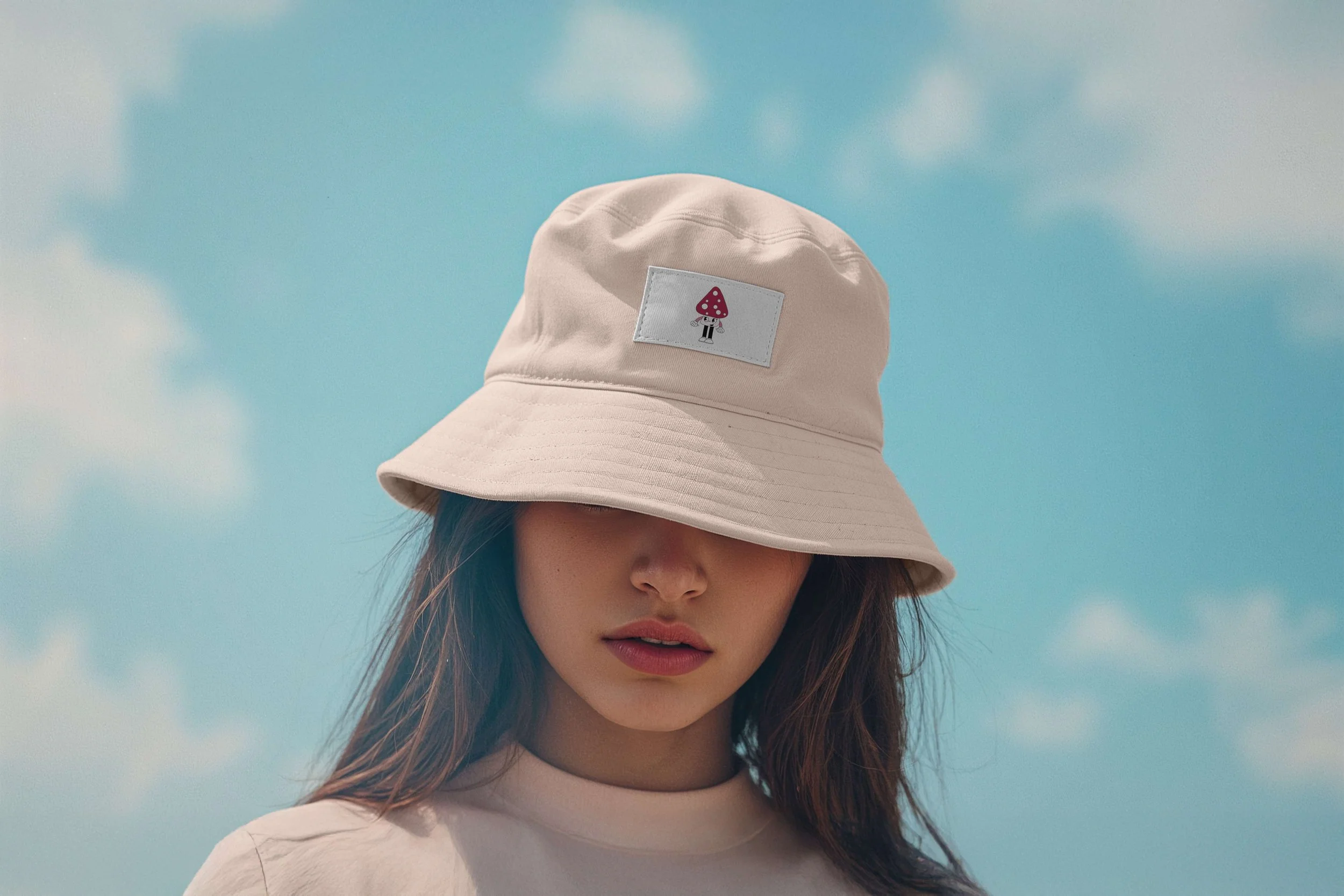 Beige bucket hat with a red spotted mushroom patch worn by a person with long brown hair, shown against a bright blue sky with clouds.