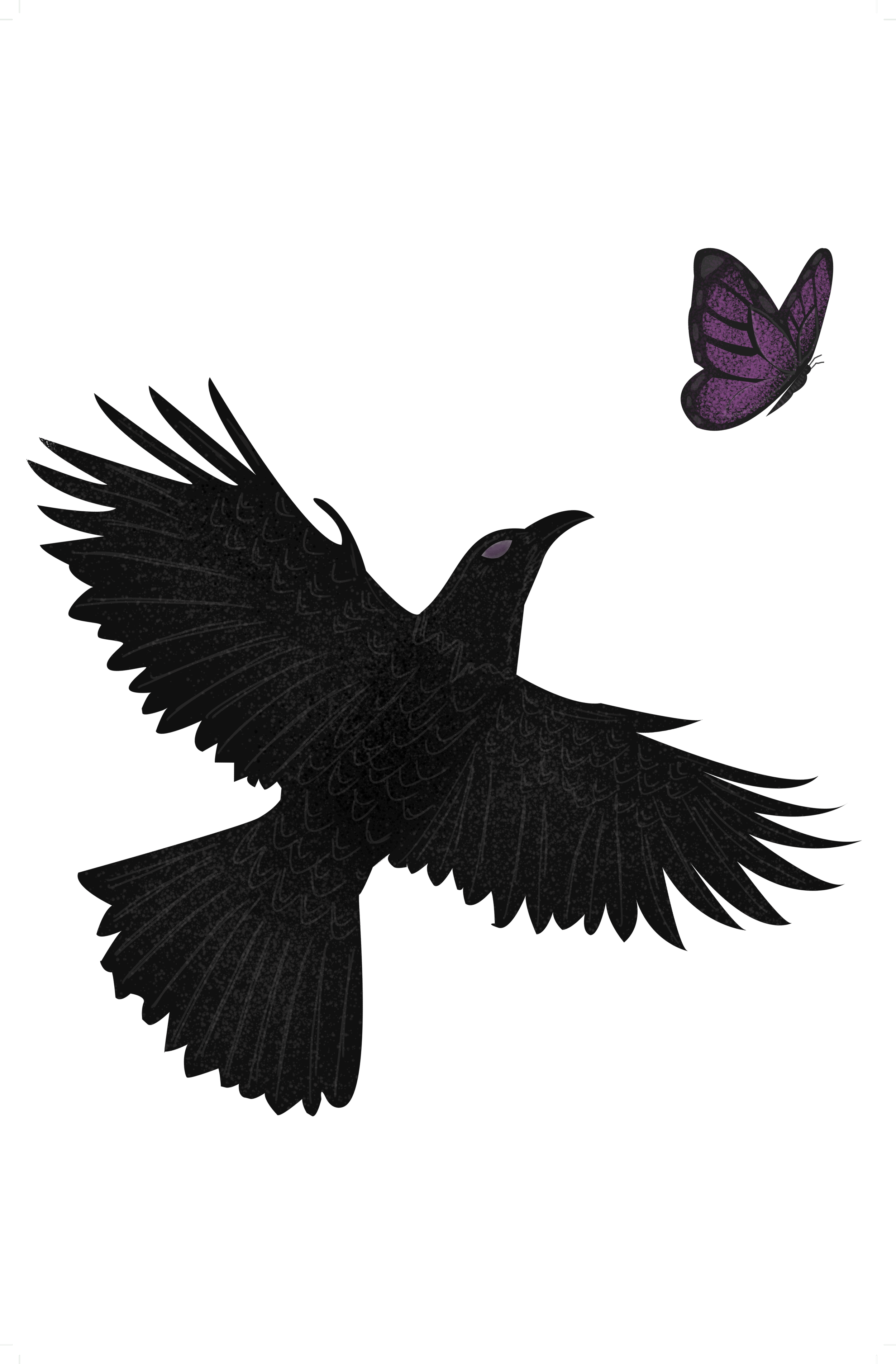 Stylized illustration of a crow with outstretched wings flying toward a purple butterfly against a light background.
