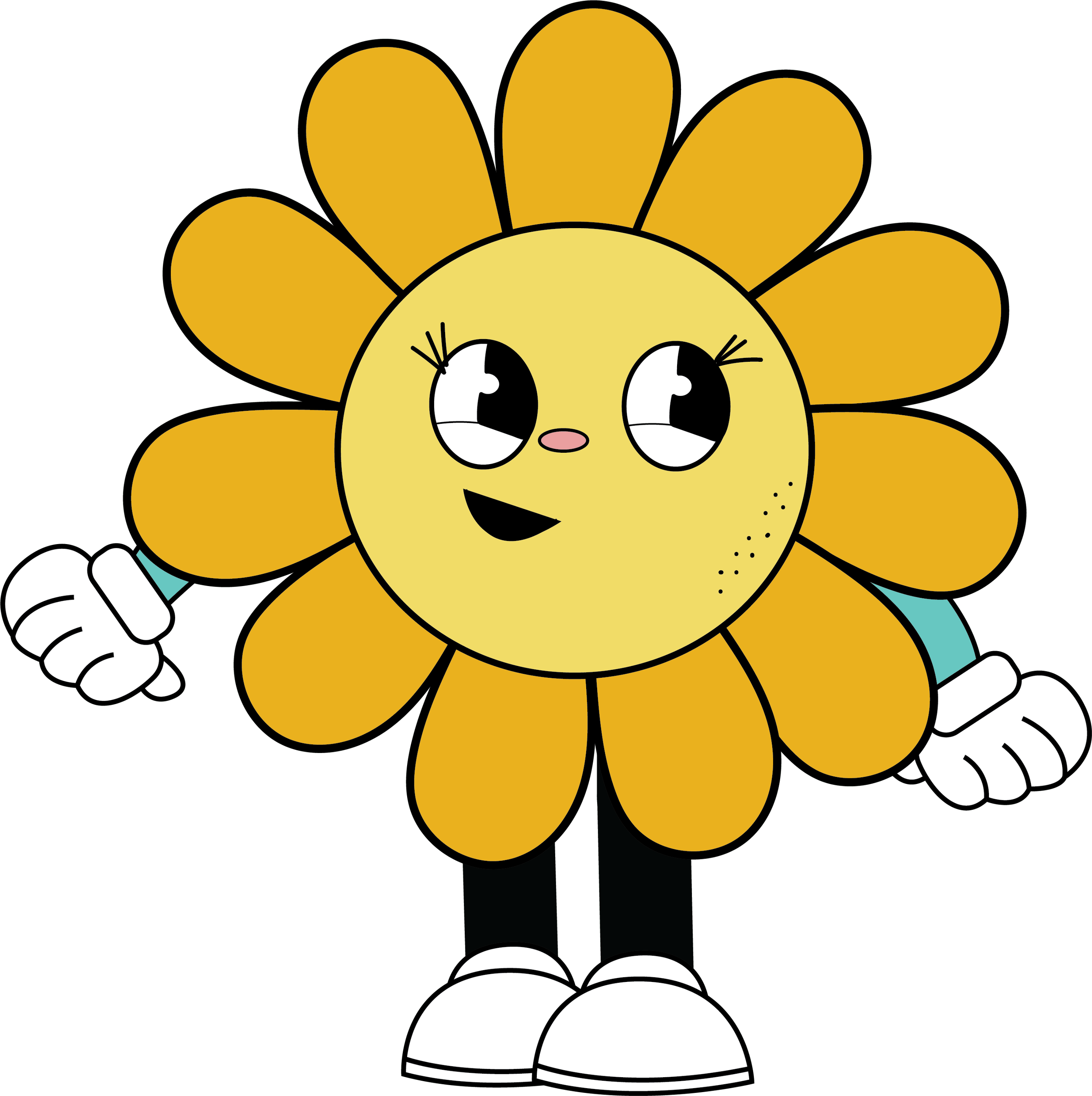 Cartoon flower character with a yellow face, golden petals, expressive eyes, white‑gloved hands, and black legs with white shoes.