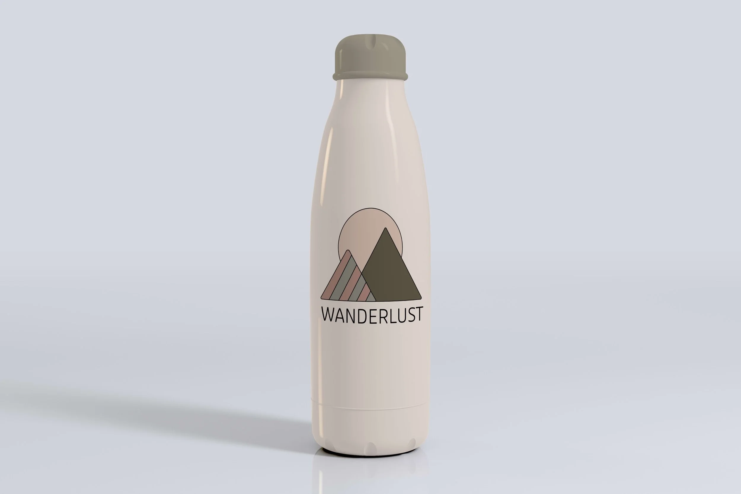 Earth-tone metal water bottle with company logo.