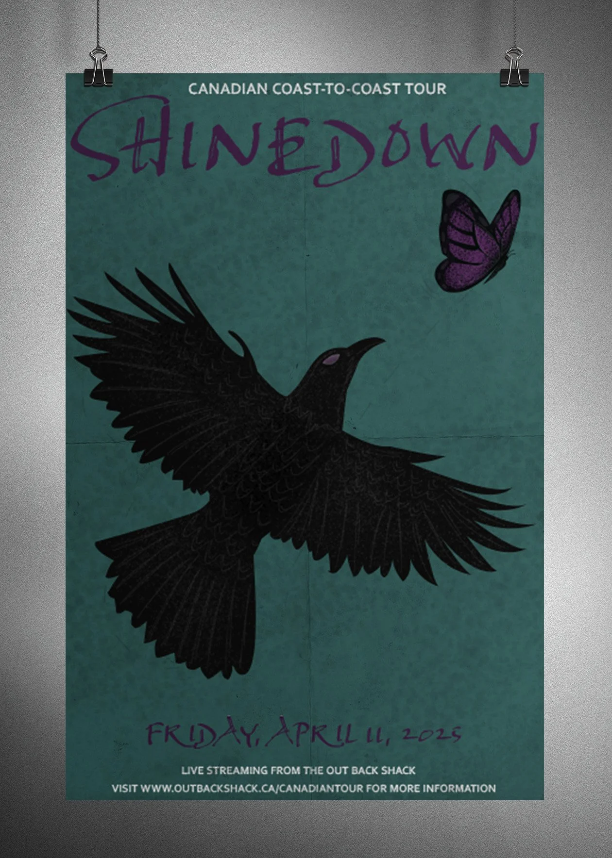 Tour poster featuring a crow with outstretched wings flying toward a purple butterfly on a textured teal background, with the band name ‘Shinedown’ and event details below.