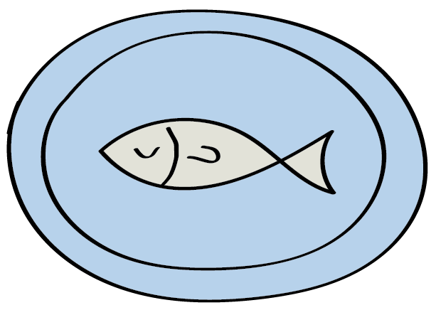 Simple illustration of a fish on a light blue plate.