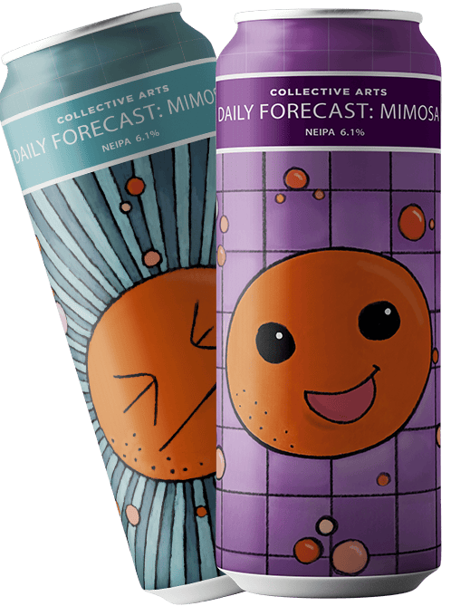 Two beer cans with colorful illustrated labels featuring cartoon‑style orange faces.