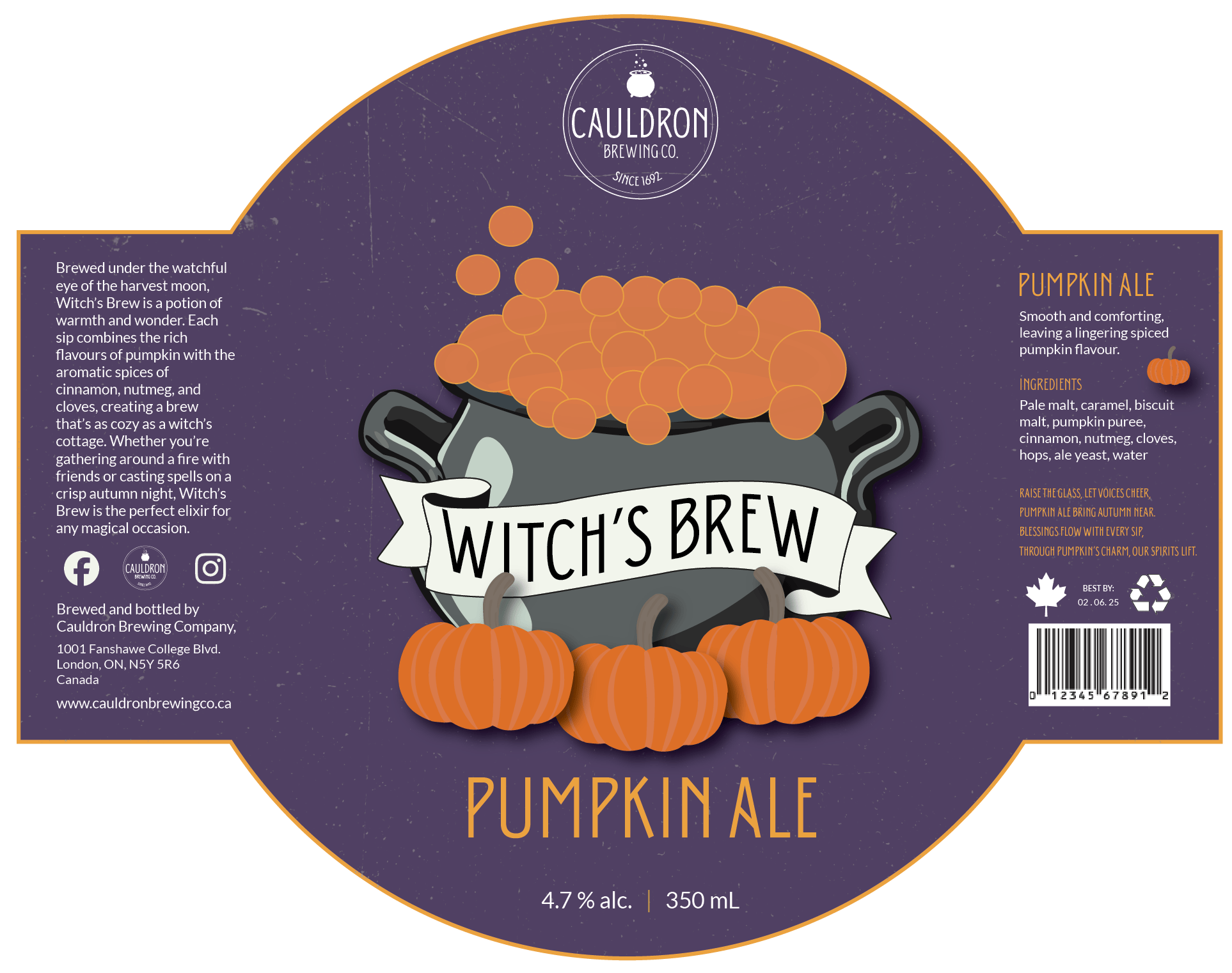 Full label design for Cauldron Brewing Co.’s Witch’s Brew Pumpkin Ale, featuring a bubbling cauldron with orange bubbles, pumpkins, a purple background, descriptive copy, ingredients, and brewery information.