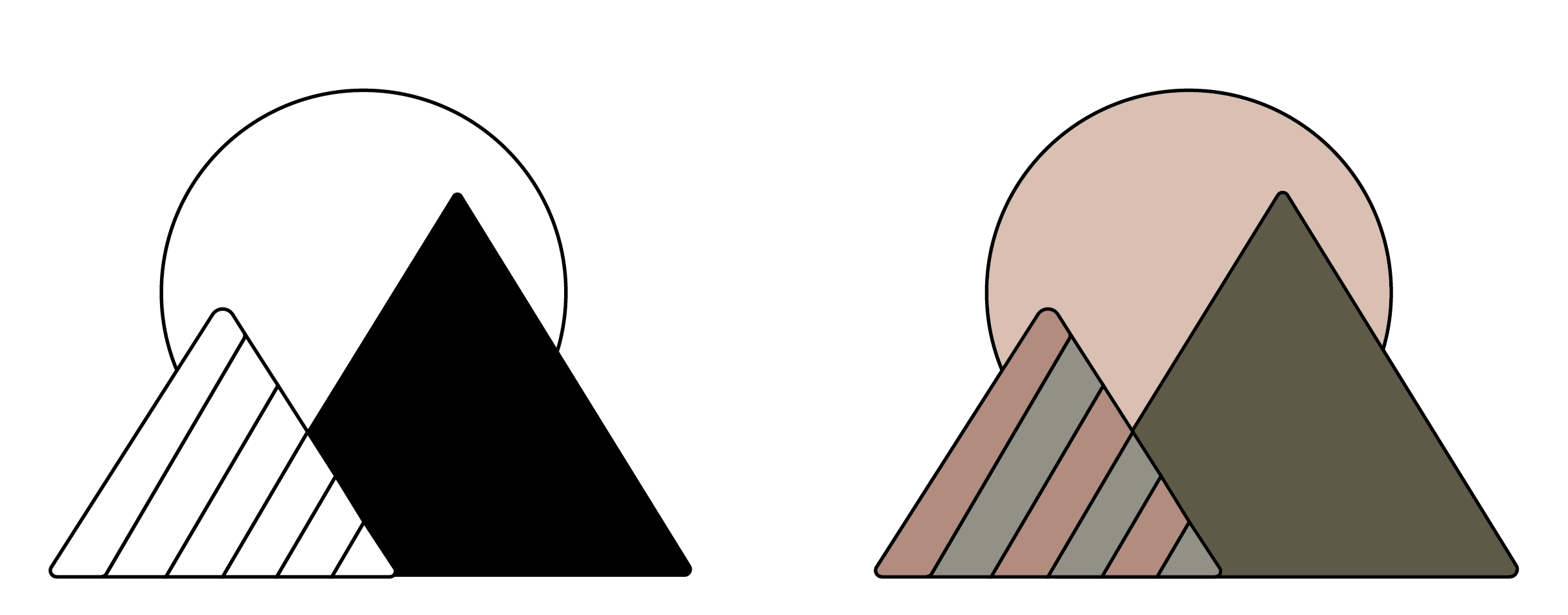 Side‑by‑side black‑and‑white and color versions of a minimalist mountain graphic logo.