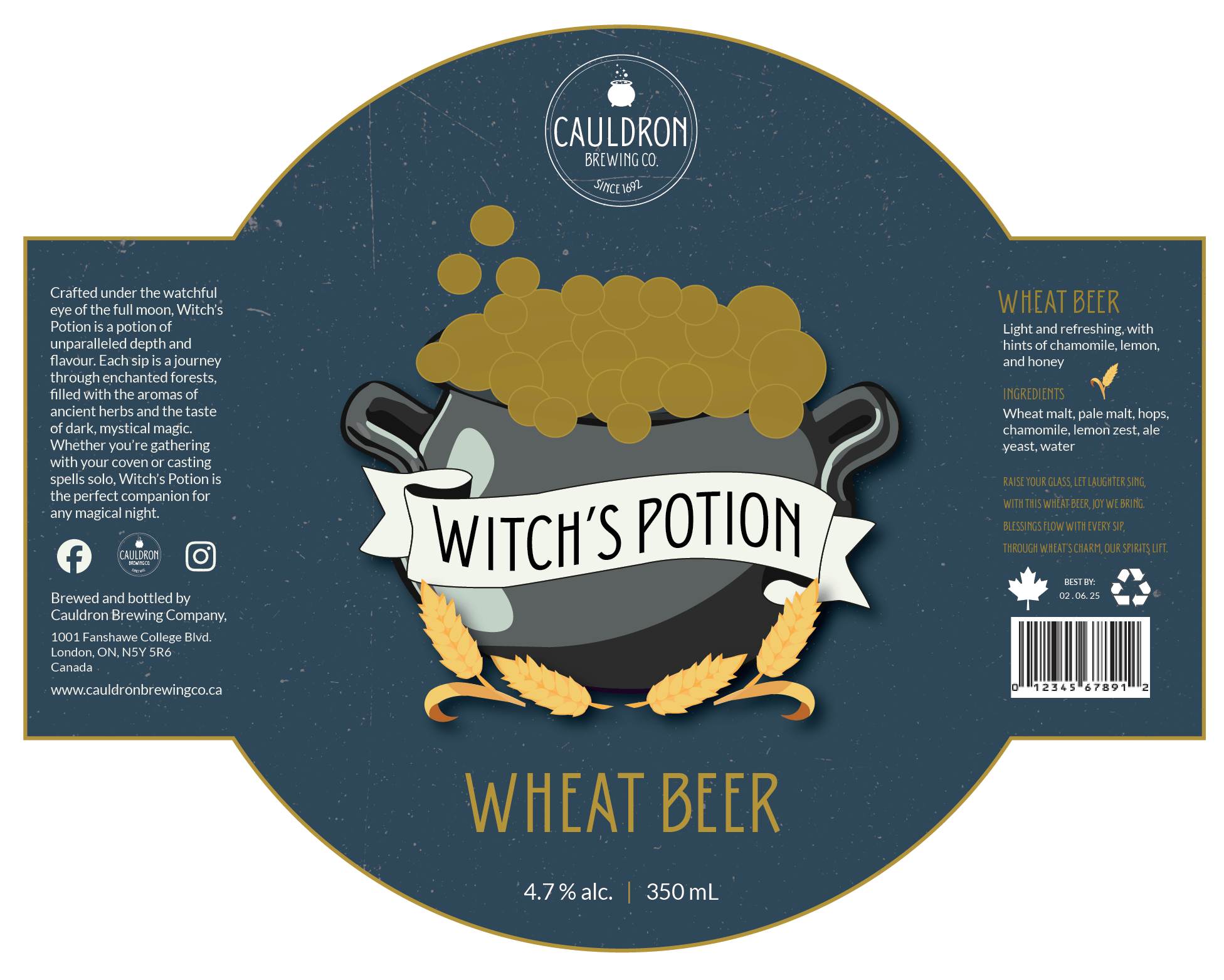 Full label design for Cauldron Brewing Co.’s Witch’s Potion Wheat Beer, featuring a cauldron with golden bubbles, wheat stalks, a dark‑blue background, descriptive copy, ingredients, brewery information, and product details.