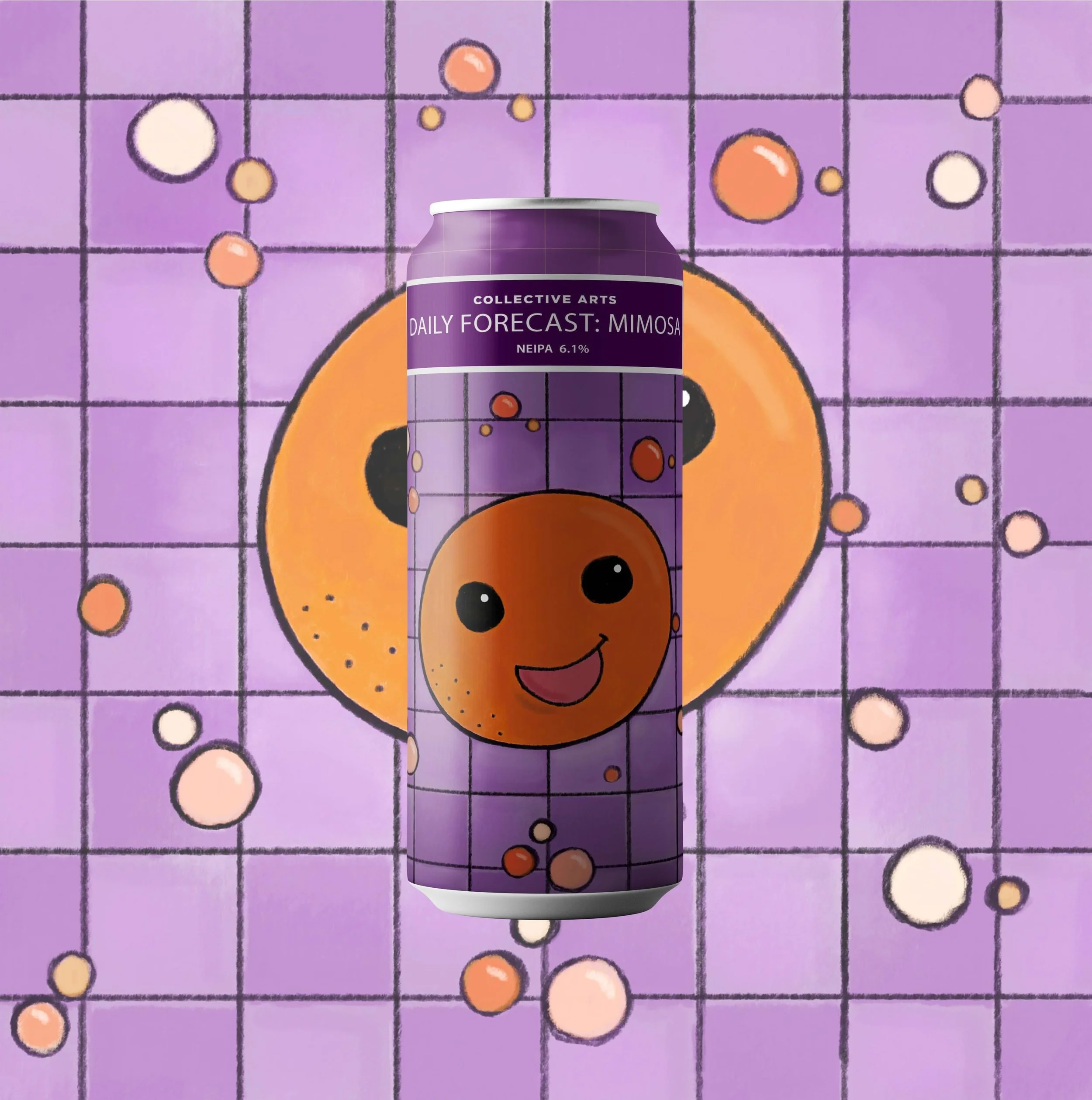 Beer can with a colorful label featuring a stylized orange sun‑like character with a playful face.