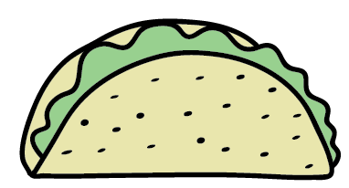 Simple illustration of a taco with a beige shell and green filling.