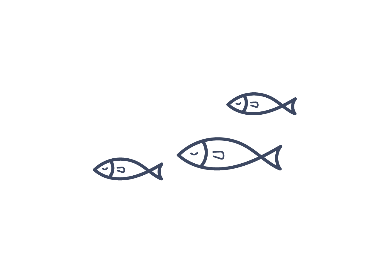 Simple illustration of three dark blue fish in varying sizes.