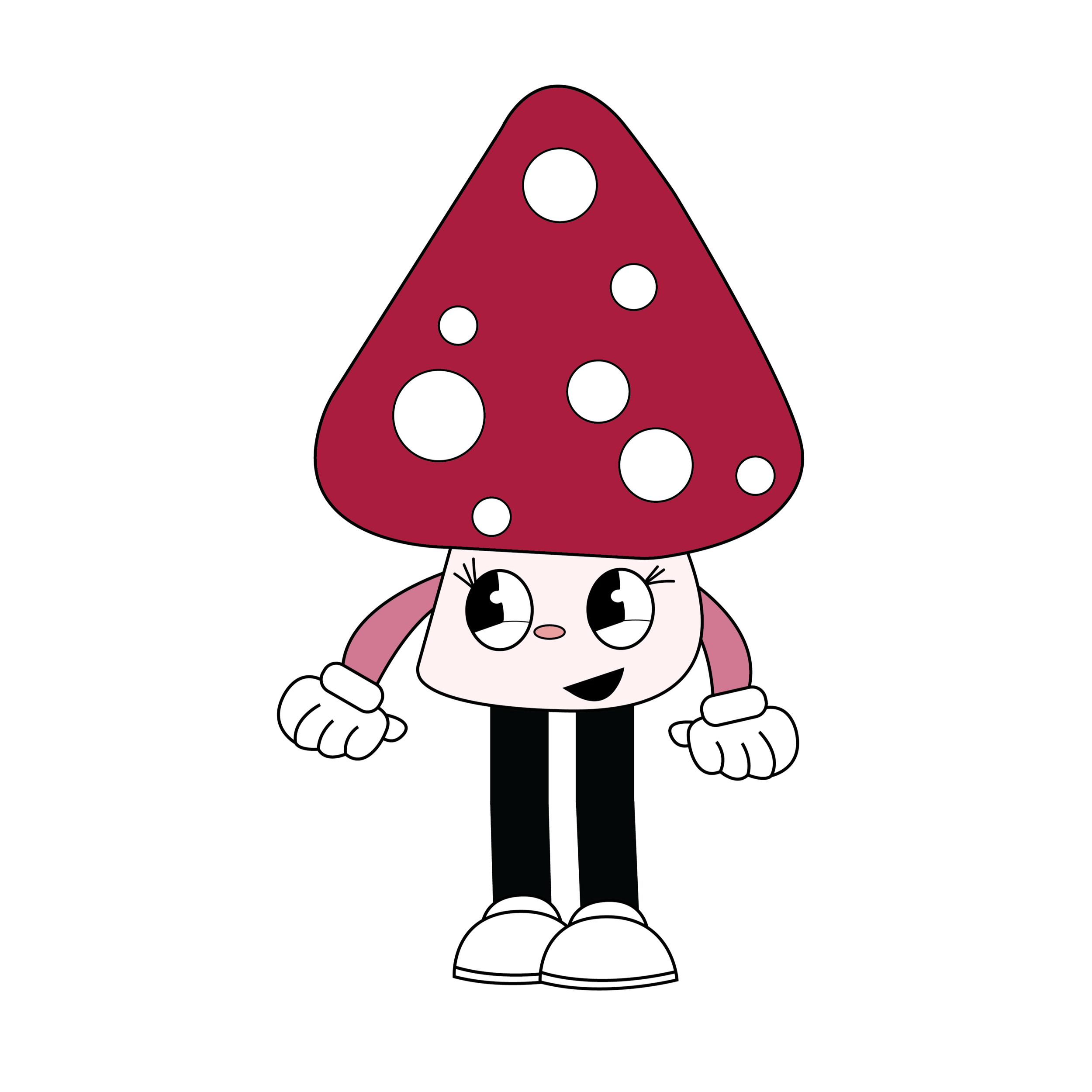 Illustrated mushroom character in red and pinks with a happy expression, on a white background.