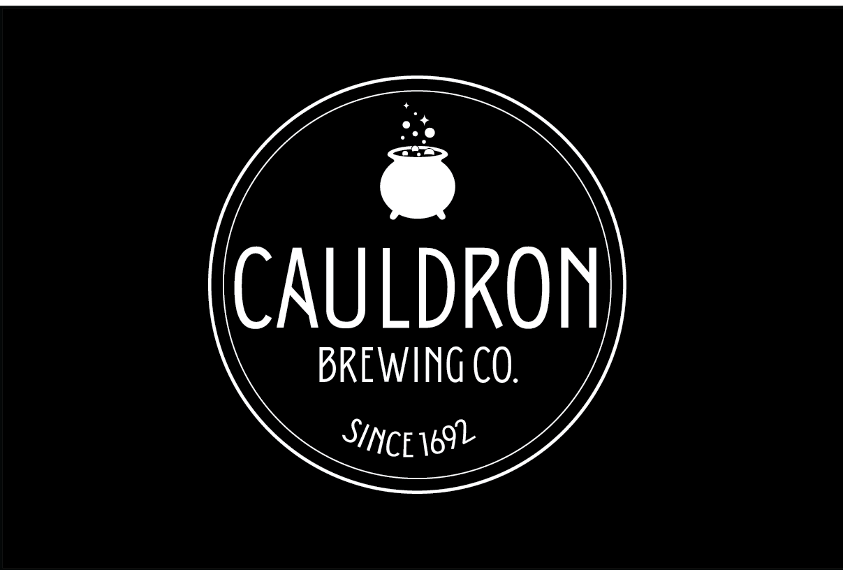 High‑contrast circular logo for Cauldron Brewing Co., showing a bubbling cauldron above the brand name and ‘Since 1692’ curved along the bottom edge.