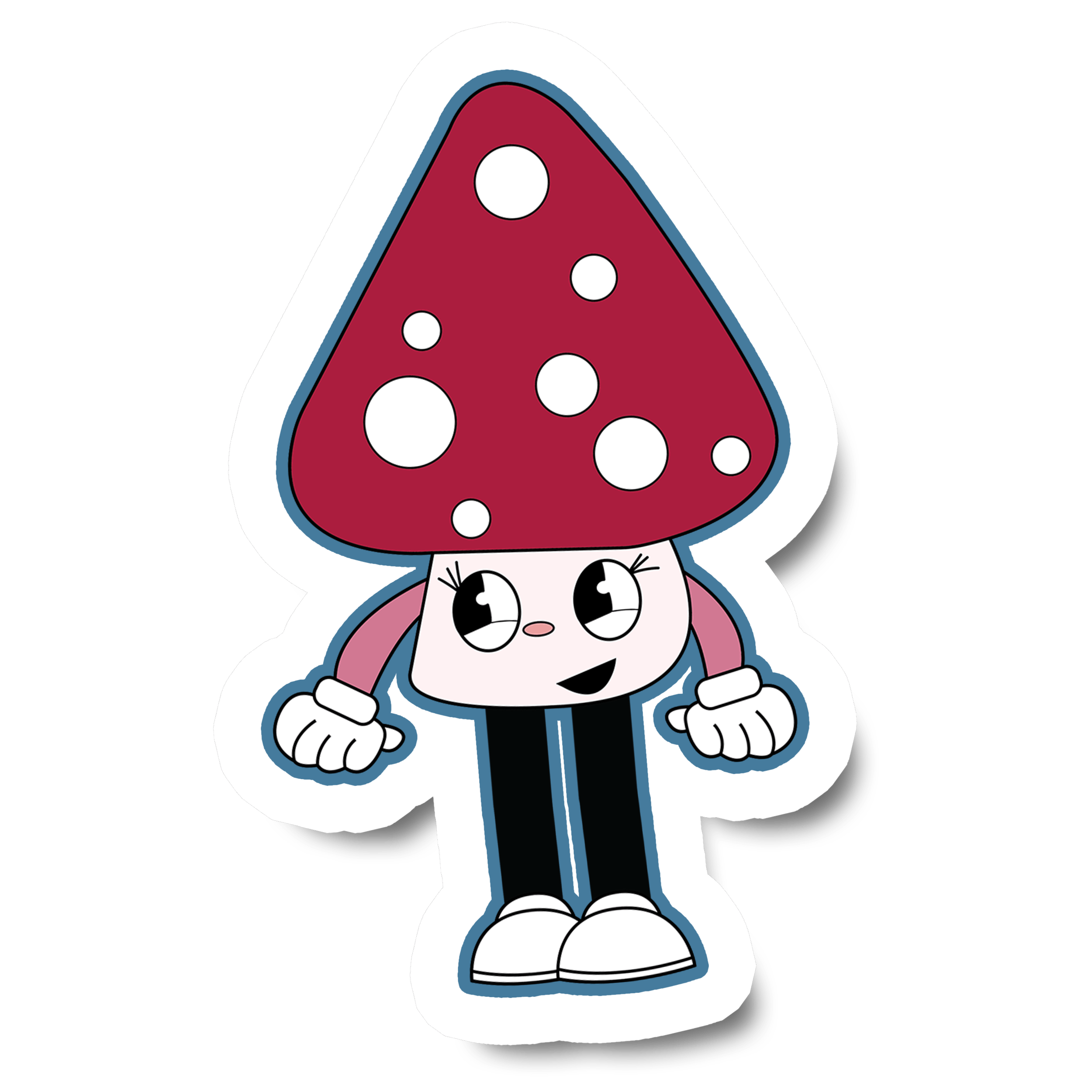 Cartoon mushroom character with a red spotted cap, large eyes, pink arms with white gloves, and black legs with white shoes, outlined in blue like a sticker.