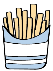 Simple illustration of french fries in a blue‑and‑white striped container.