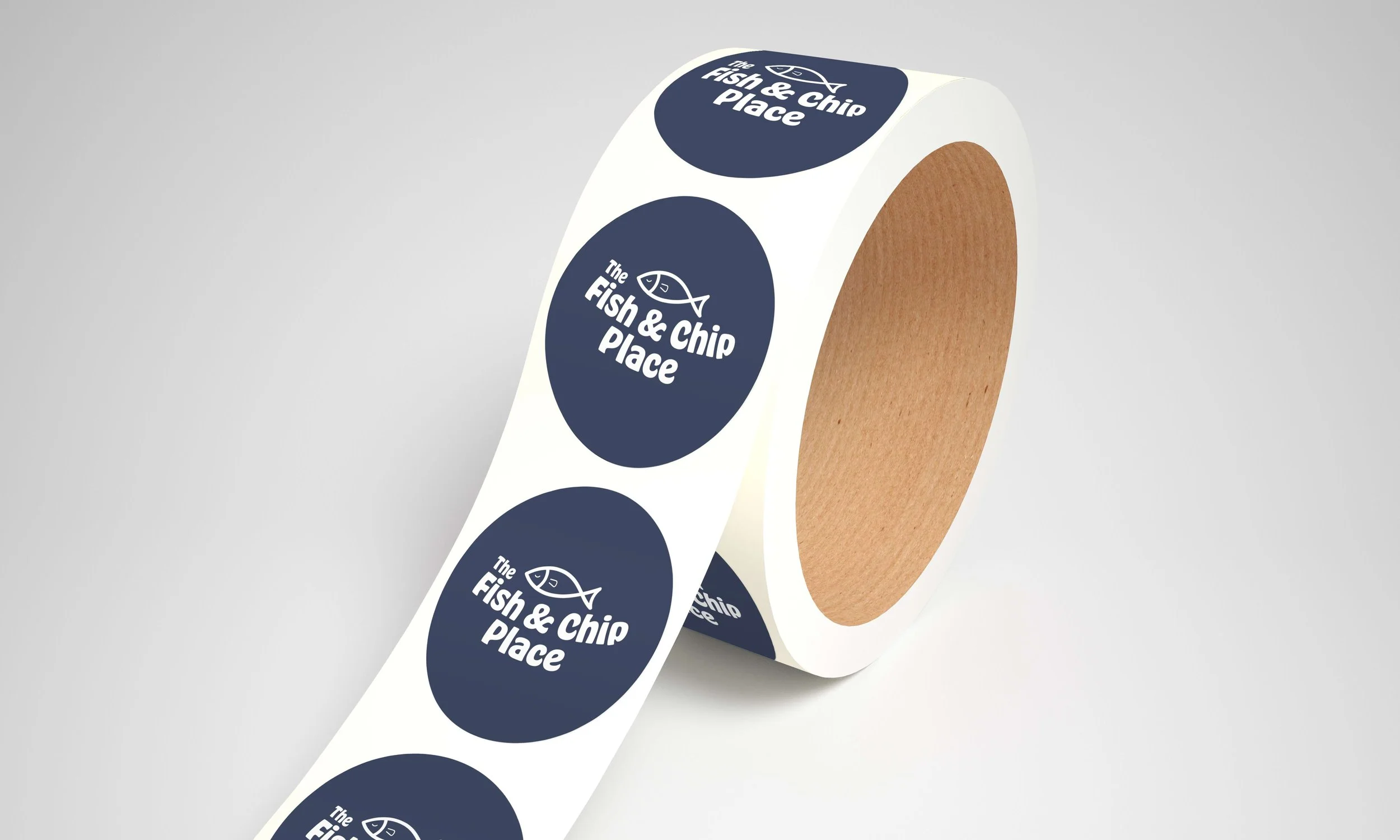 Roll of dark blue circle stickers with white variation of restaurant logo.