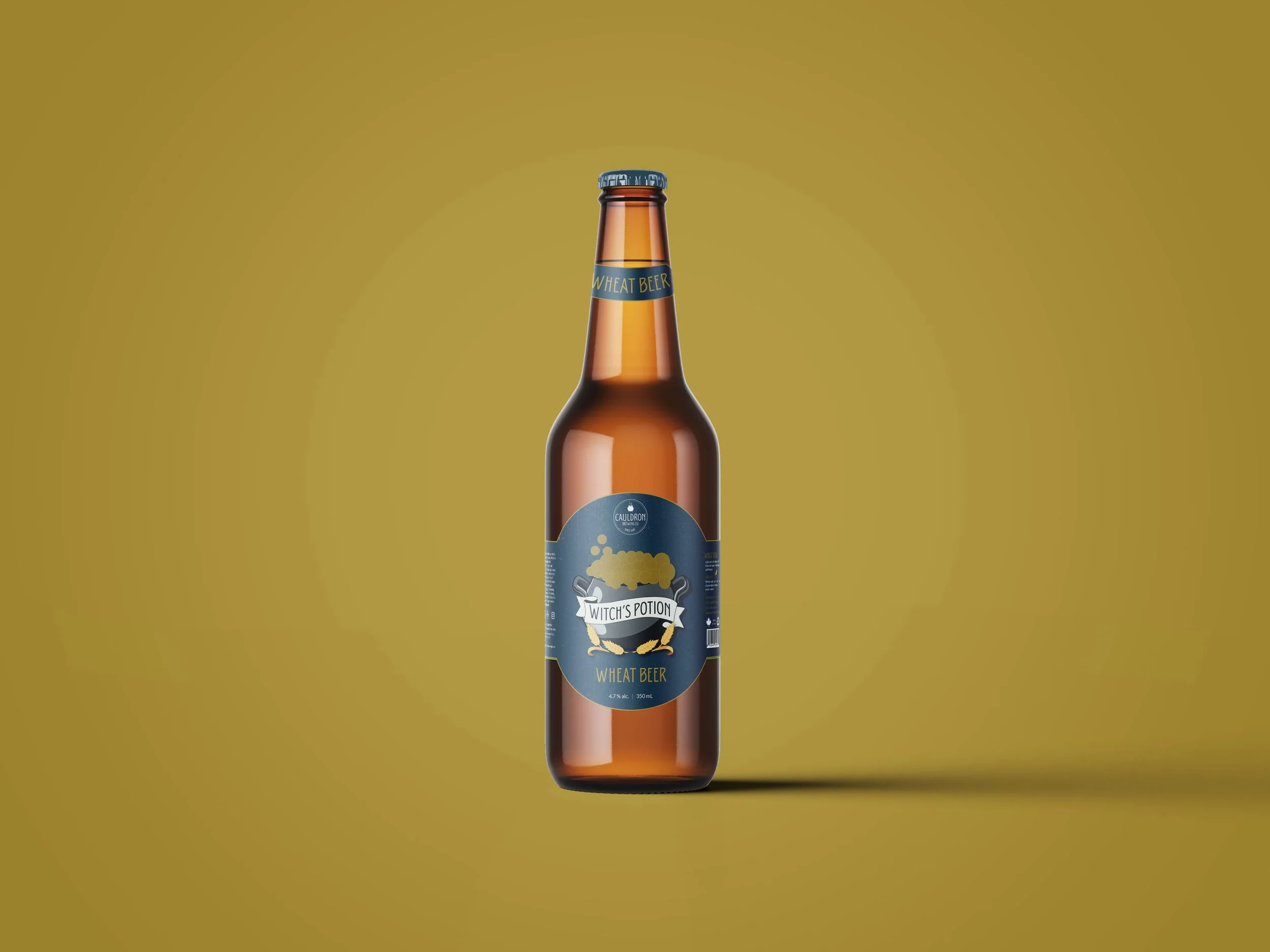 Amber beer bottle labeled as a wheat beer, shown upright against a solid mustard yellow background.