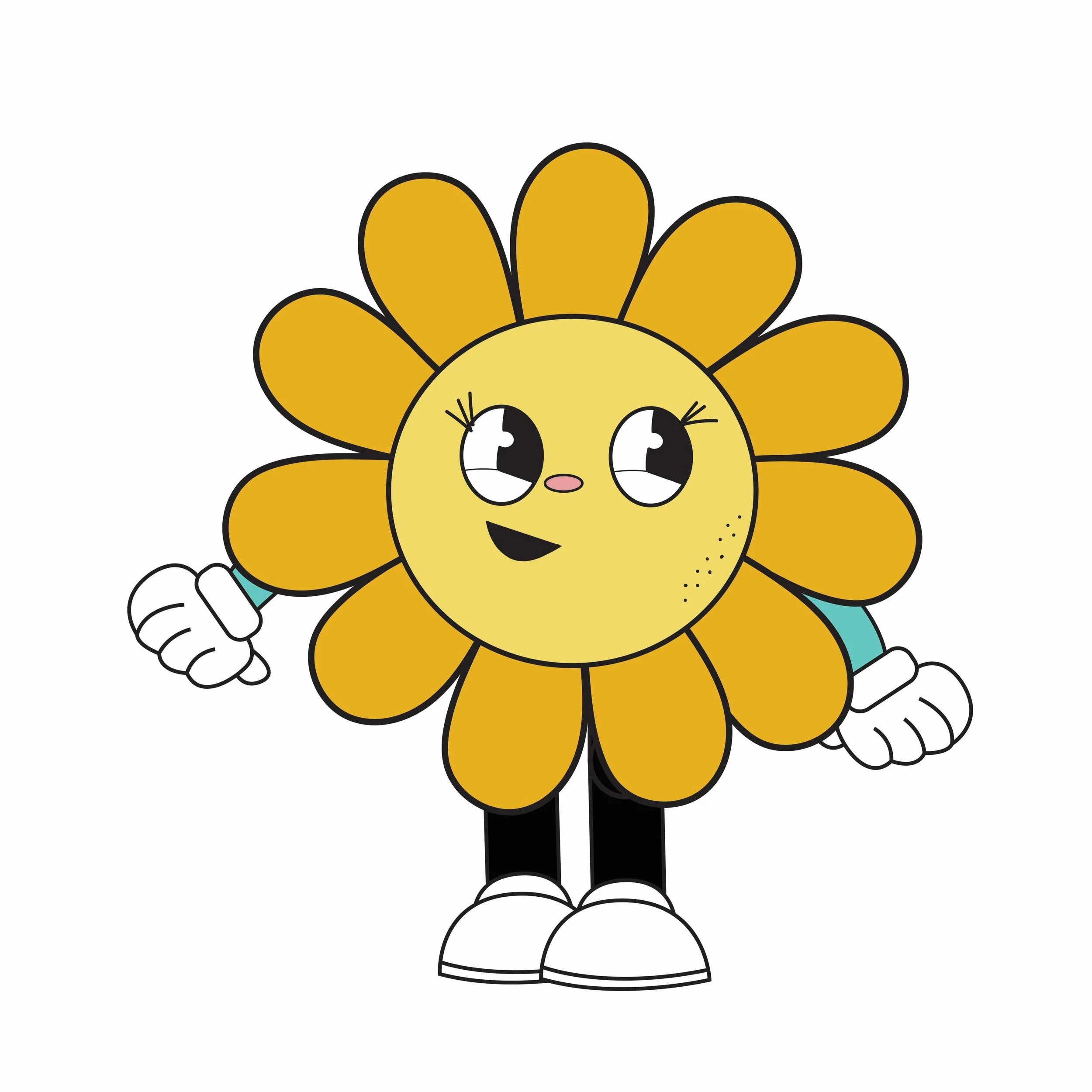 Playful cartoon flower character with a yellow face, orange petals, gloved hands, and white shoes.