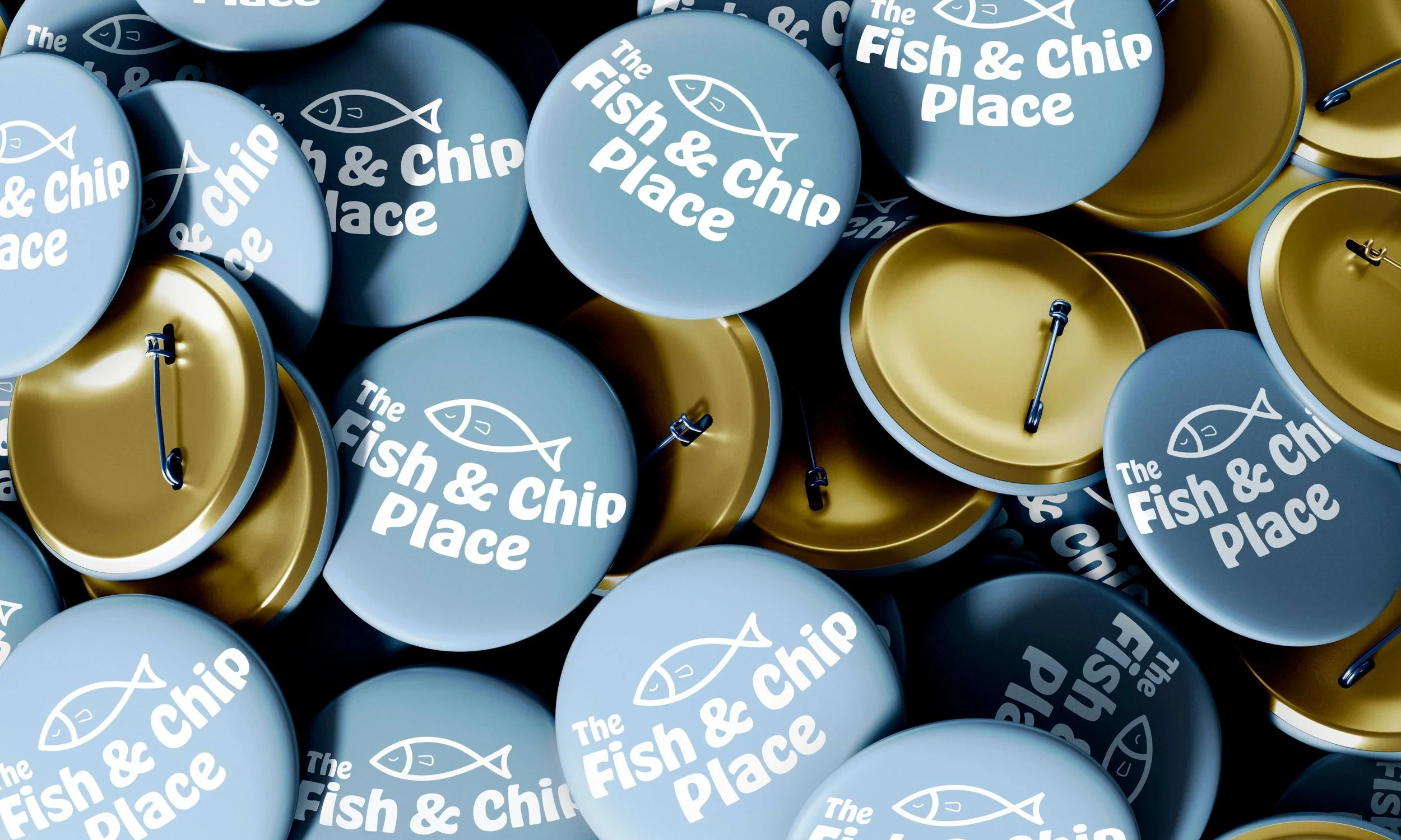 Light blue circle pins with a white variation of restaurant logo.