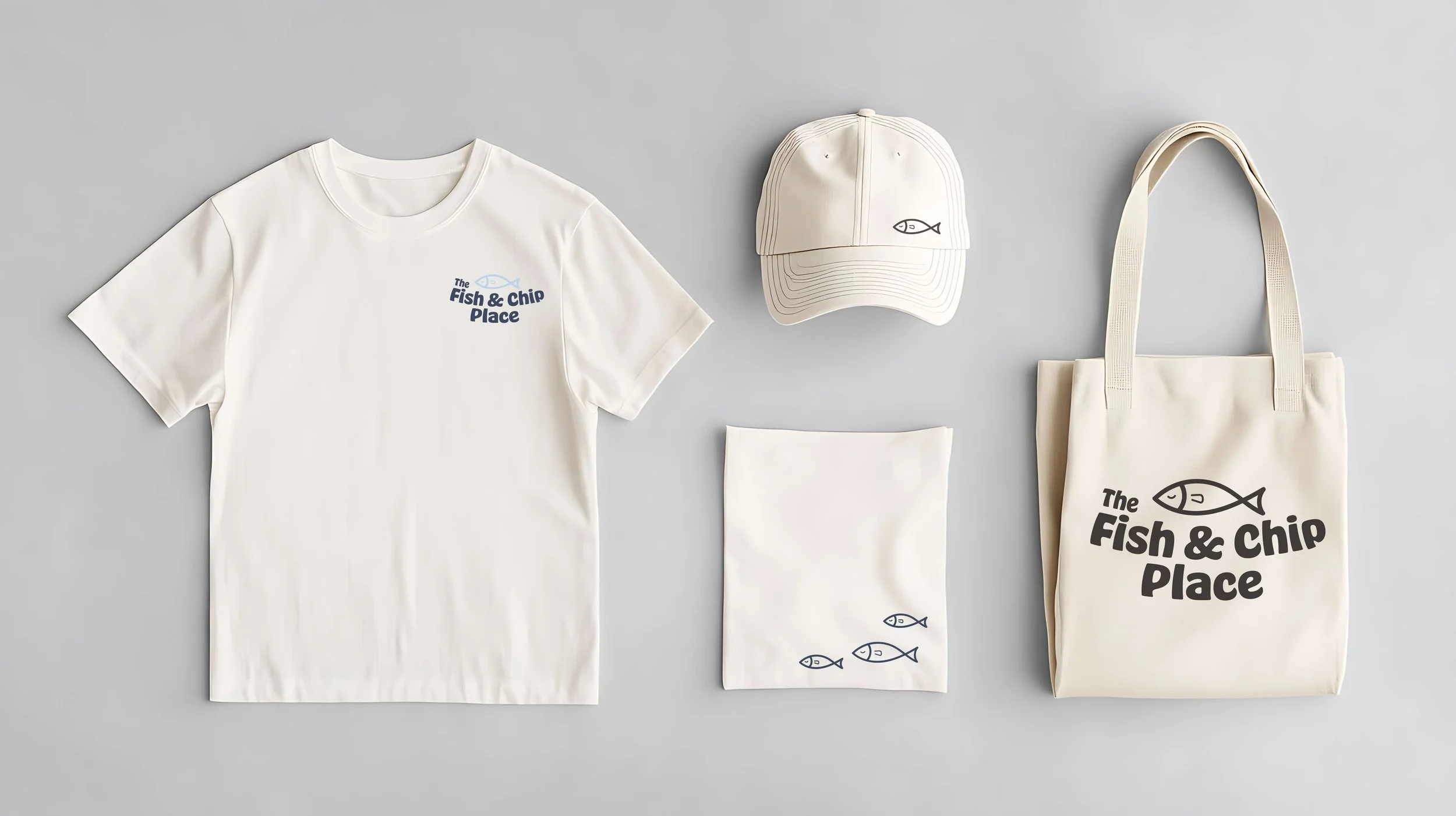 Off-white t-shirt, towel, hat, and tote bag all featuring variations of restaurant logo or icon laid flat on light grey background.