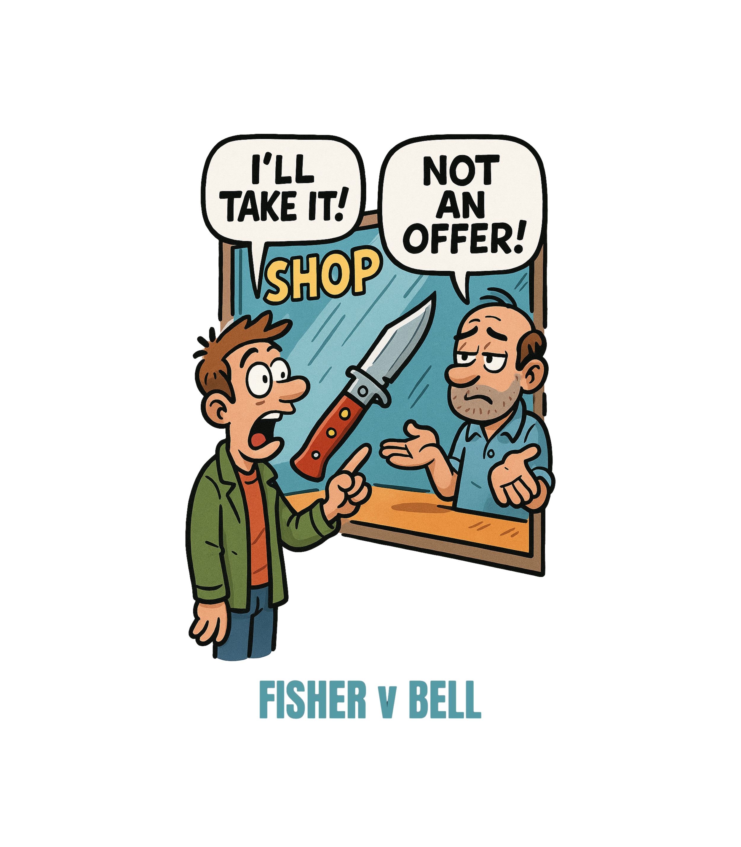 Comic-style illustration of a man at a shop window holding a knife, refusing an offer, with speech bubbles saying 'I'll take it!' and 'Not an offer!'. The shop window features a large knife, and the text at the bottom reads 'Fisher v Bell'.