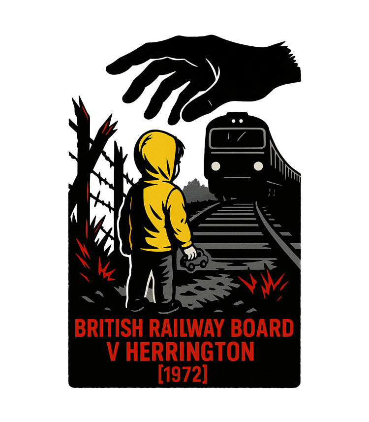 A boy in a yellow hoodie standing on train tracks, holding a toy car, with a train approaching in the dark. Text reads: BRITISH RAILWAY BOARD V HERRINGTON [1972].