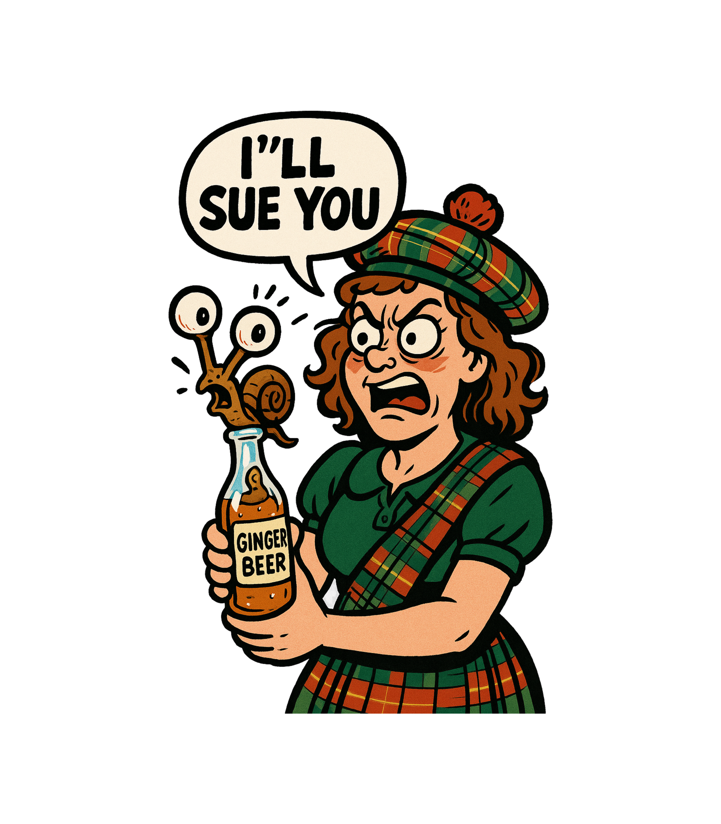 Cartoon woman with a fierce expression holding a bottle labeled 'Ginger Beer', with a small snail on her hand. Speech bubble above says 'I'll sue you'.
