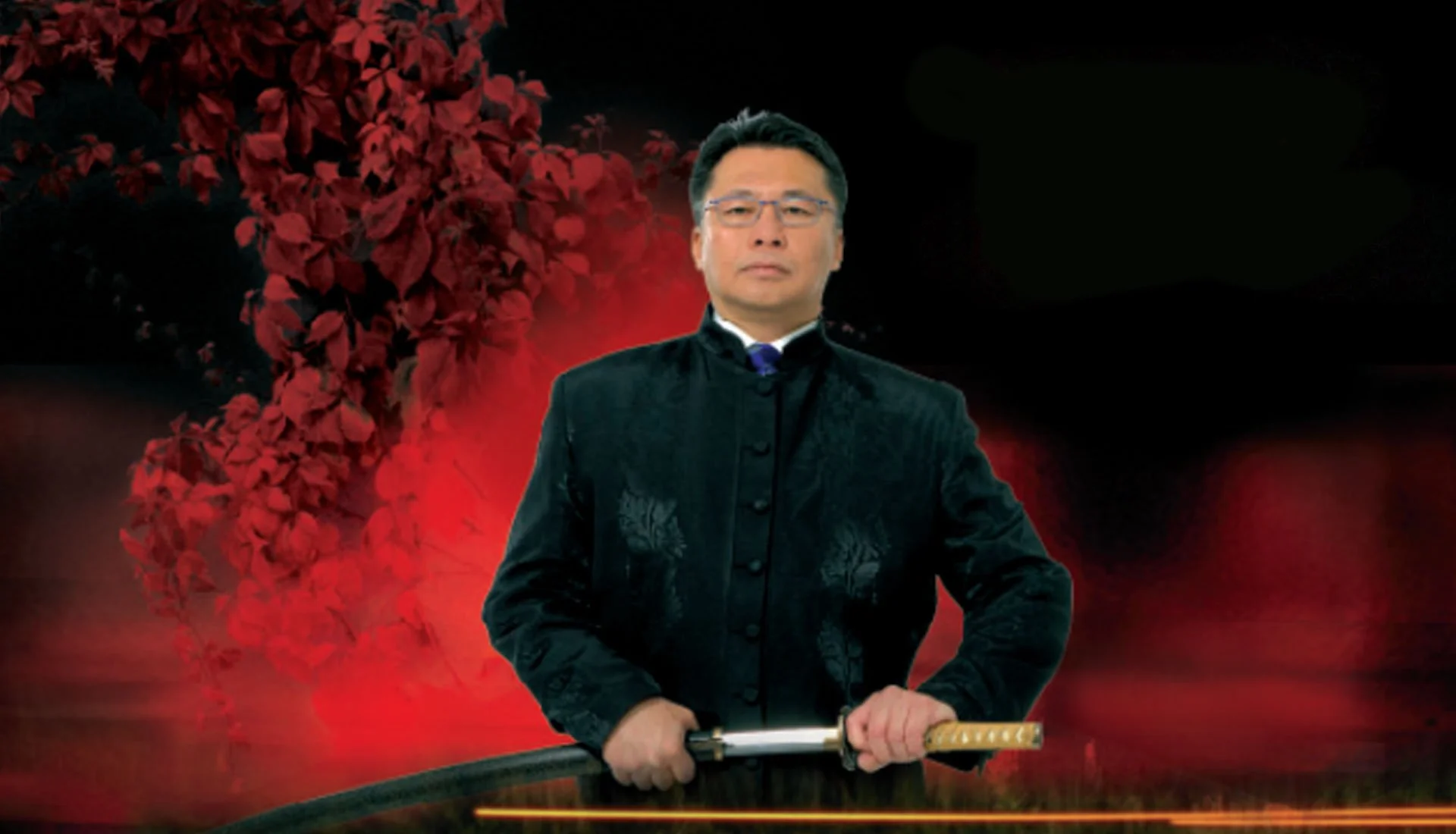 A man in a traditional black Chinese jacket holding a katana sword, standing against a dark background with red foliage and fiery accents.
