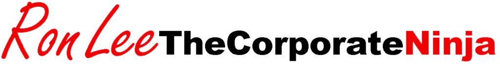 A logo with the text 'Ron Lee' in red cursive font and 'Ninja' in bold red font, with black text in between.