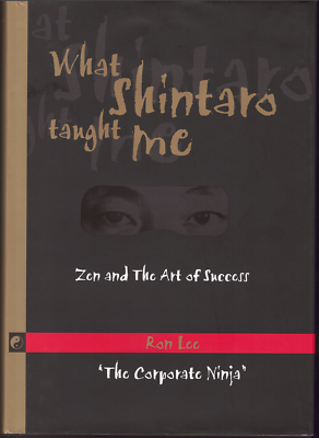 Book cover titled 'What Shintaro Taught Me: Zen and the Art of Success' by Rah Lee, with a black and gray background and an image of eyes on the cover.