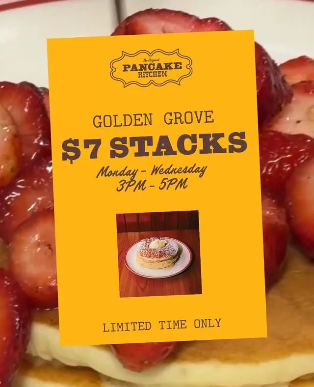 Friendly reminder that $7 pancake stacks are STILL on at our Golden Grove location! 🥞 ⁠
⁠
Monday to Wednesday between 3-5pm, but you've only got until the end of the month to grab yours! See you soon :) ⁠
⁠
#PANCAKEKITCHEN