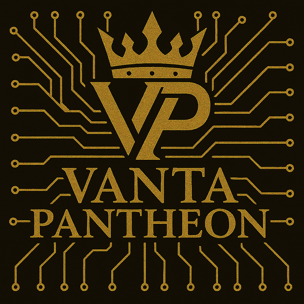 Gold logo with crown atop stylized 'VP' initials, circuit board pattern and the words 'Vanta Pantheon' on a black background.