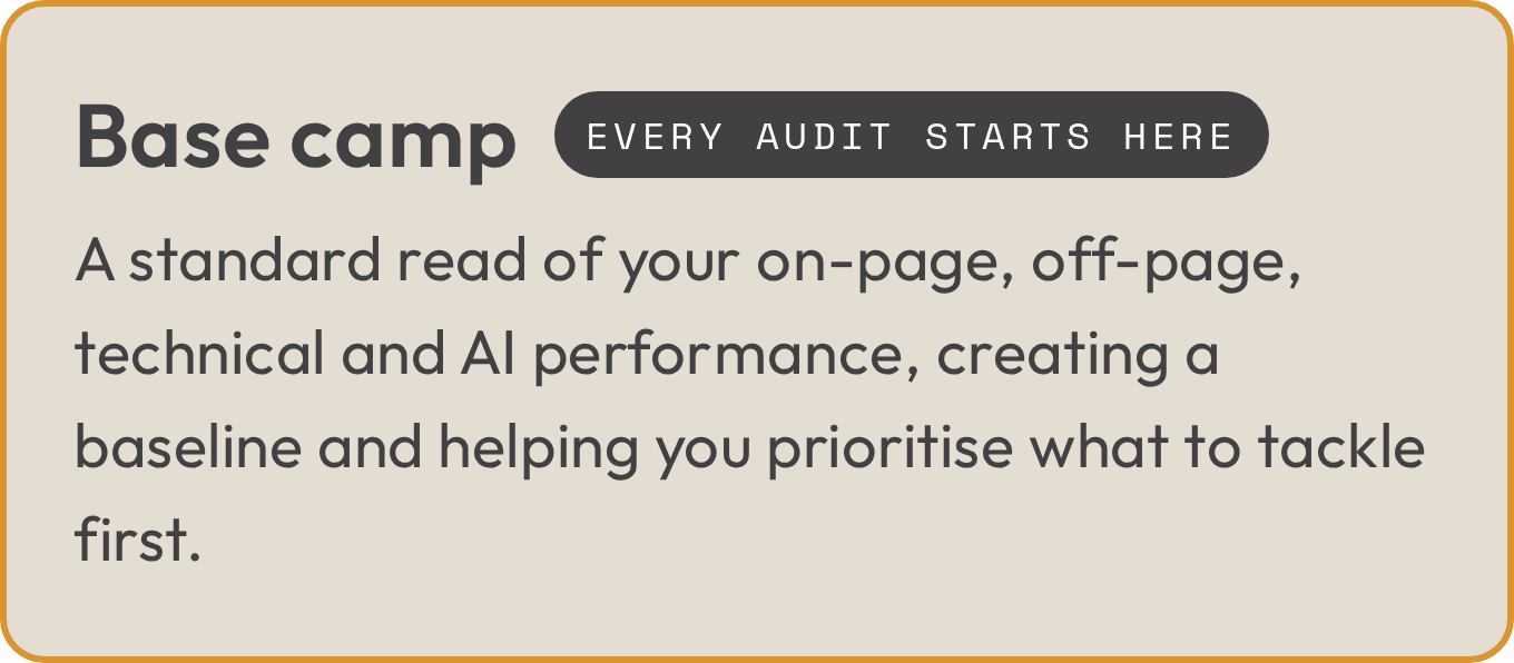 Base camp, where every audit starts: a standard read of your on-page, off-page, technical and AI performance, creating a baseline and helping you prioritise what to tackle first.