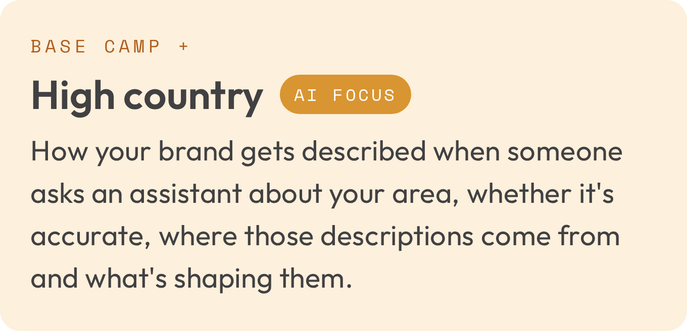 High country, Base camp plus a focus on AI: how your brand gets described when someone asks an assistant about your area, whether it's accurate, where those descriptions come from and what's shaping them.