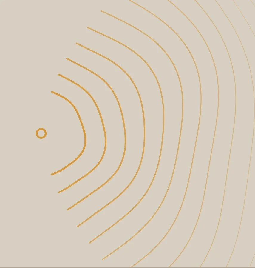 A beige background with orange contour lines forming concentric semi-circles and an open circle on the left side.