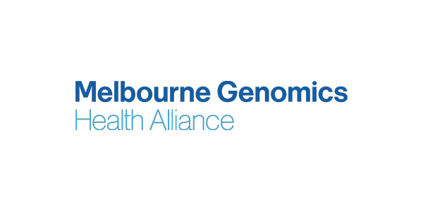 Logo for Melbourne Genomics Health Alliance with black background and blue and white text.