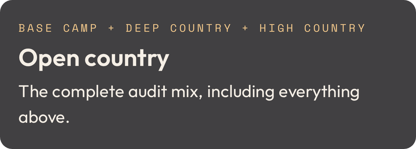 Open country, which combines Base camp, Deep country and High country: the complete audit mix, including everything above.