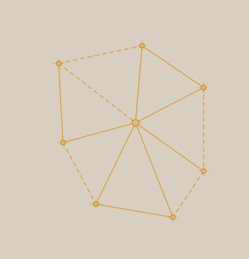 A network diagram with multiple orange nodes connected by solid and dashed lines, forming a geometric pattern on a beige background.