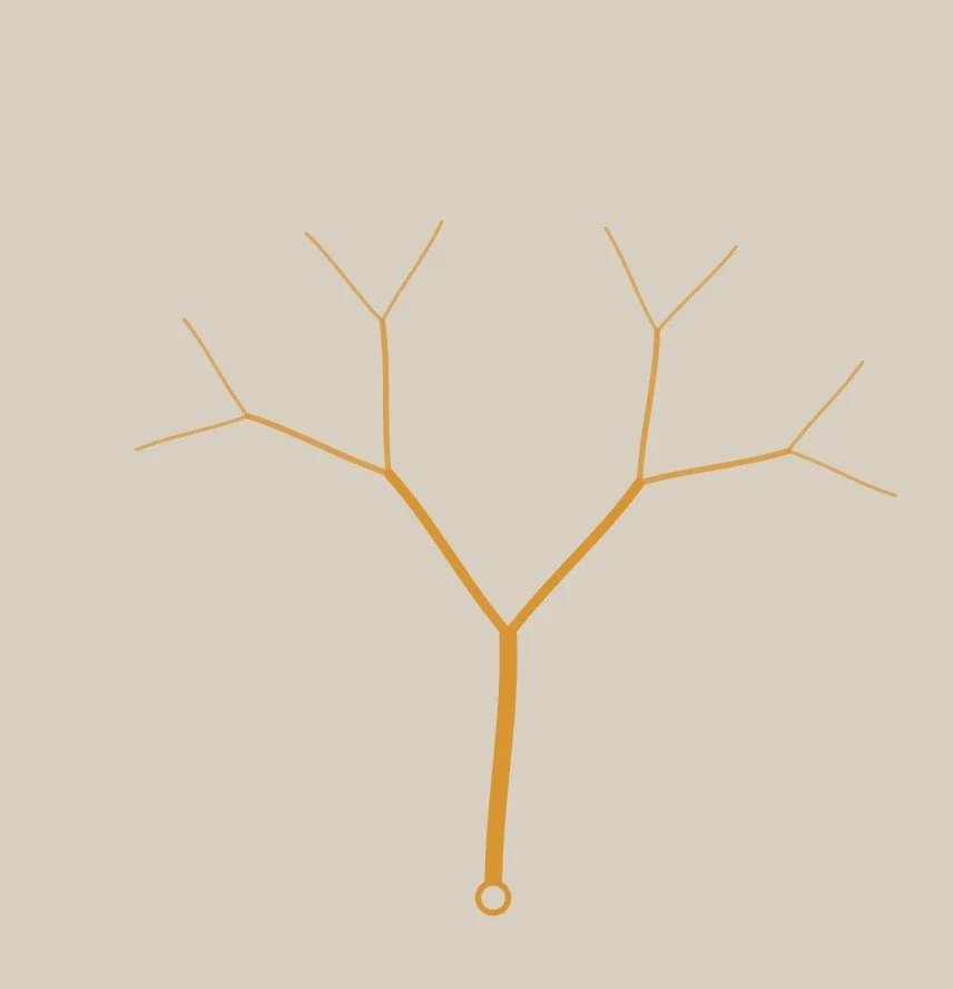 Minimalist illustration of a tree with a single circle at the base and multiple branches extending outward.