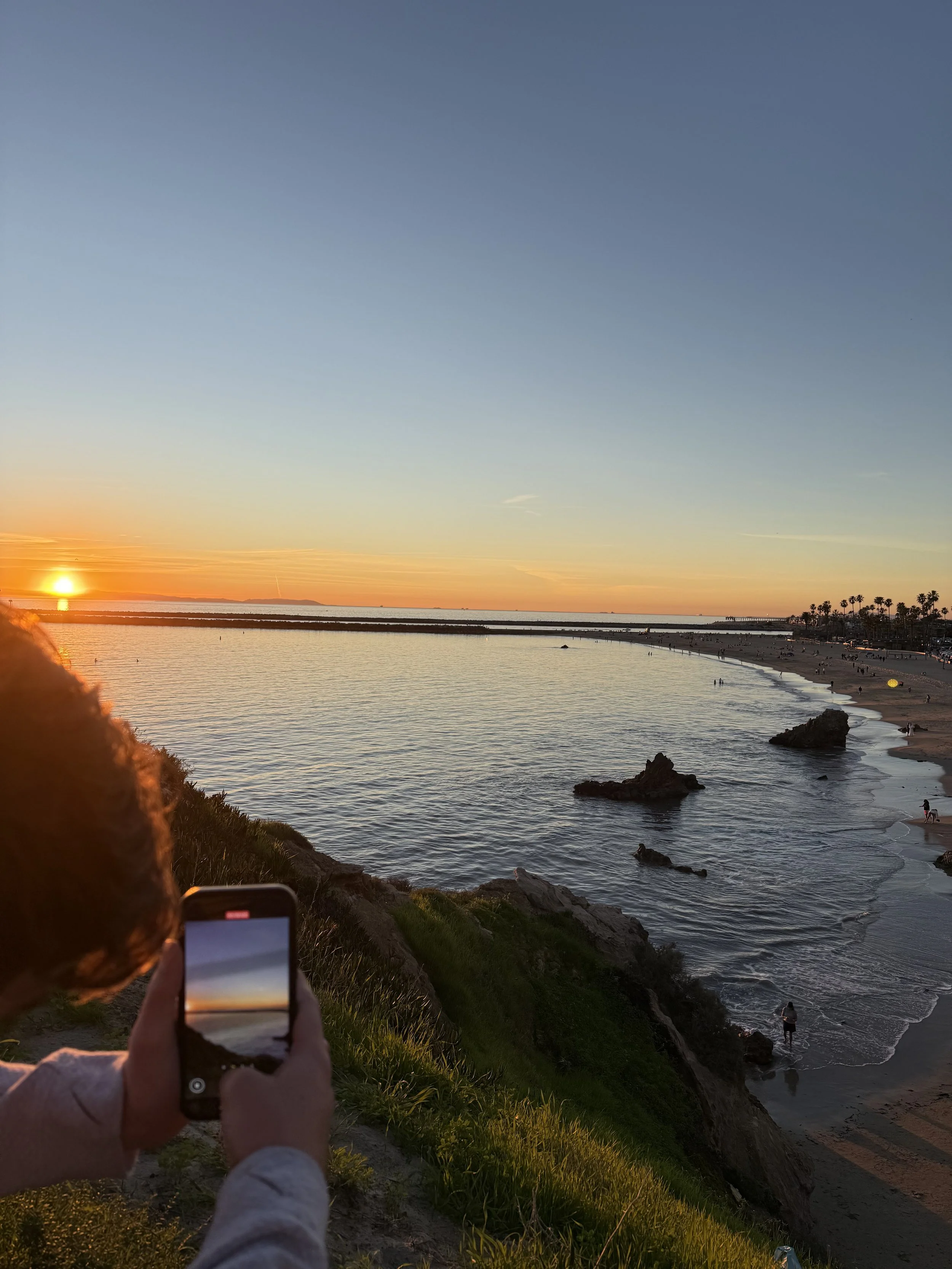 Person taking a photo of a sunset over the ocean on a grassy hill.