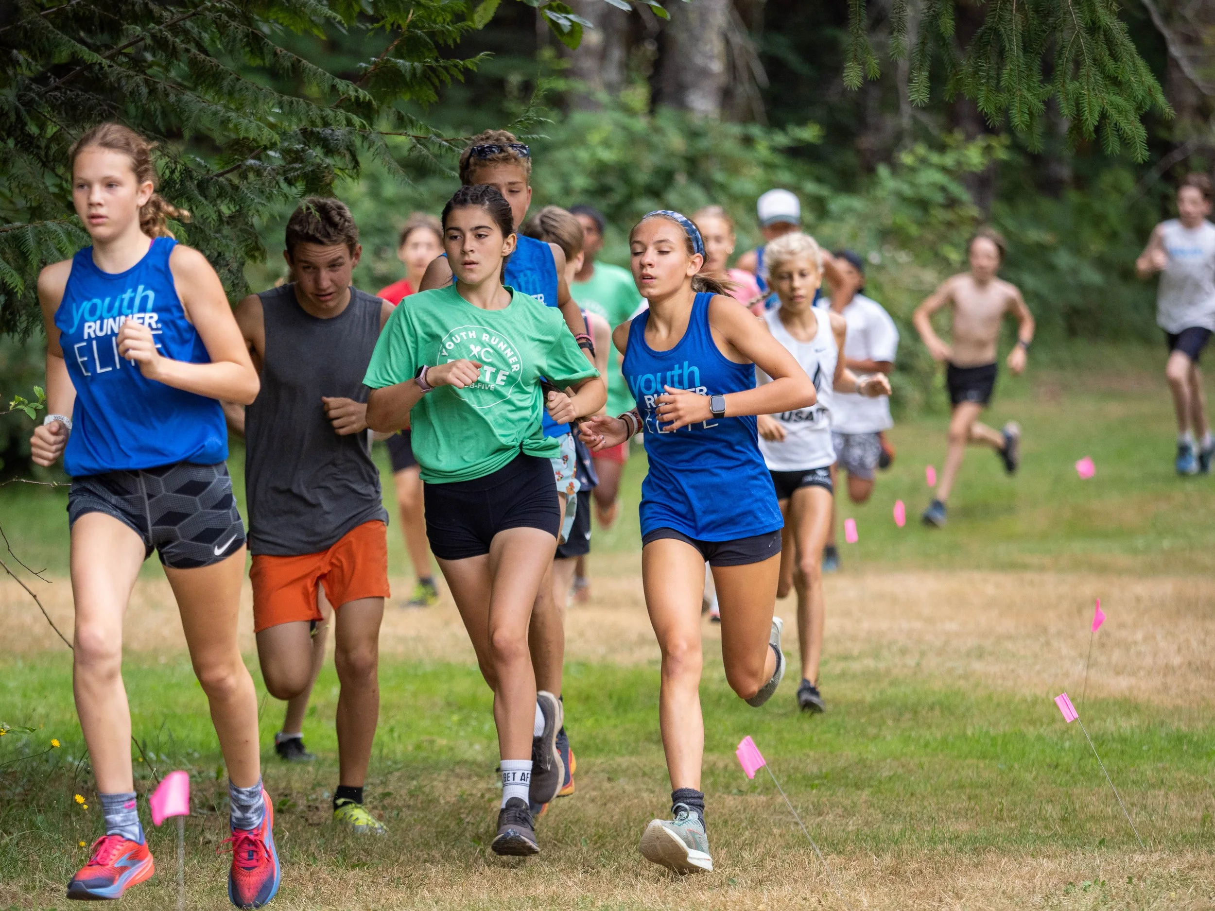 Group of children participating in a cross-country race outdoors in a forested area, wearing athletic clothes and running on a trail marked with pink flags. The Elite Middle School Camp at Youth Runner Camps