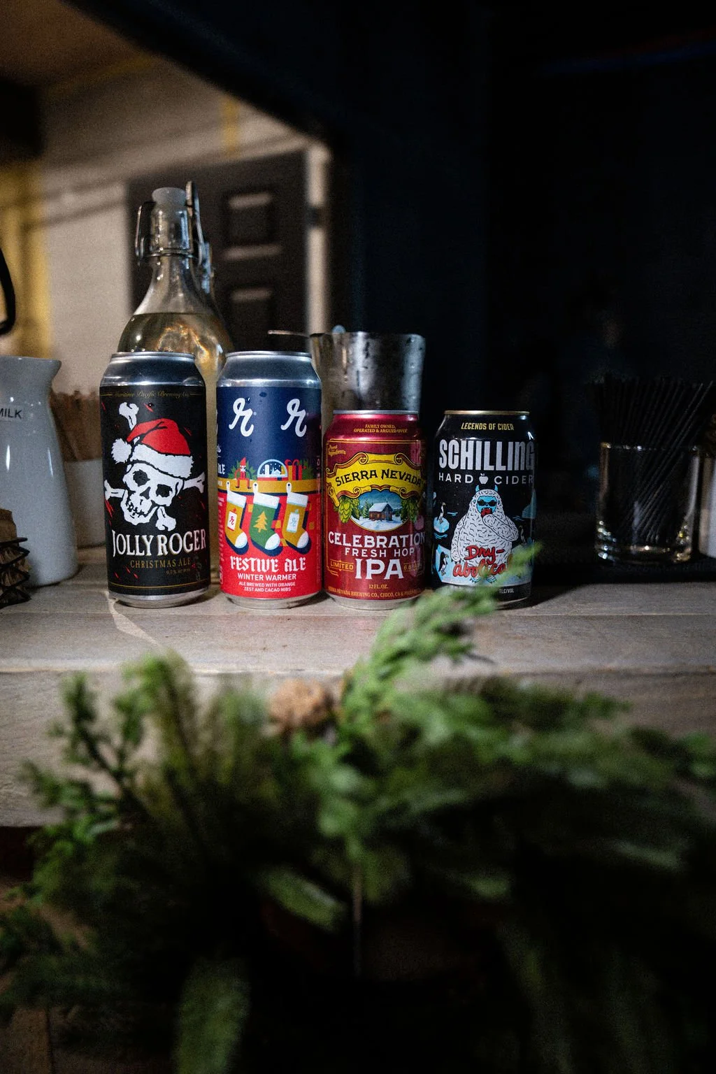 Selection of four craft beer cans and a glass bottle on a kitchen counter, with a plant in the foreground and kitchen items in the background.