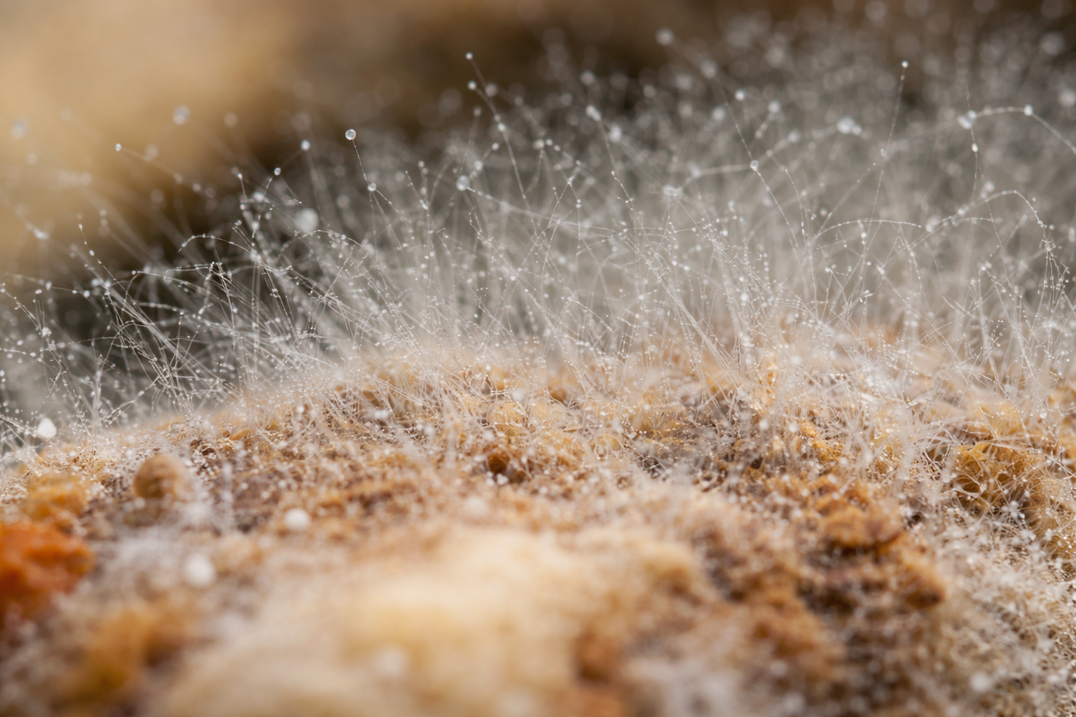 Close-up view of mold filaments (hyphae) spreading across a surface
