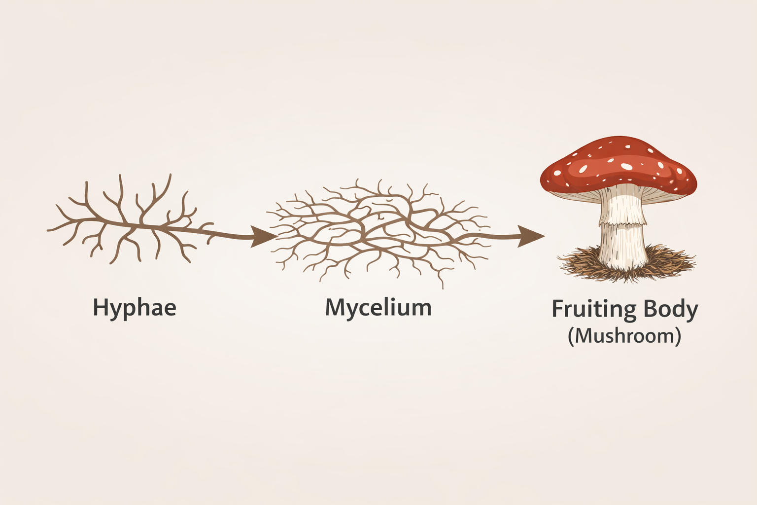 Diagram showing hyphae forming mycelium and producing a mushroom fruiting body