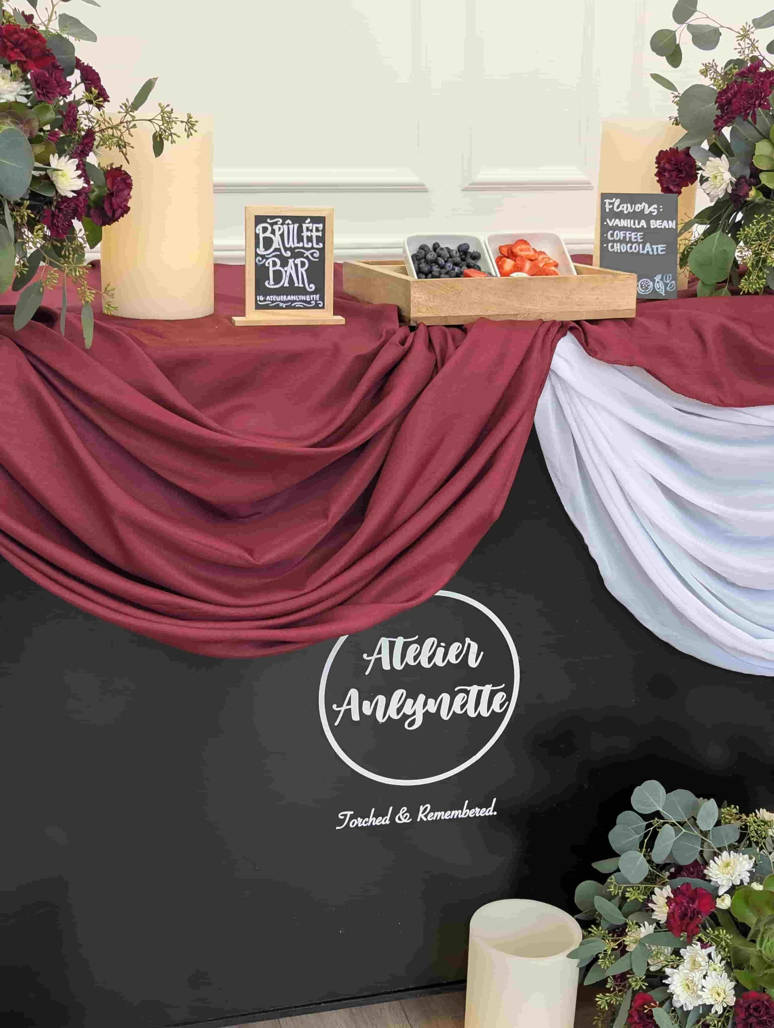 Elegant wedding dessert bar setup with crème brûlée catering in Los Angeles and Orange County