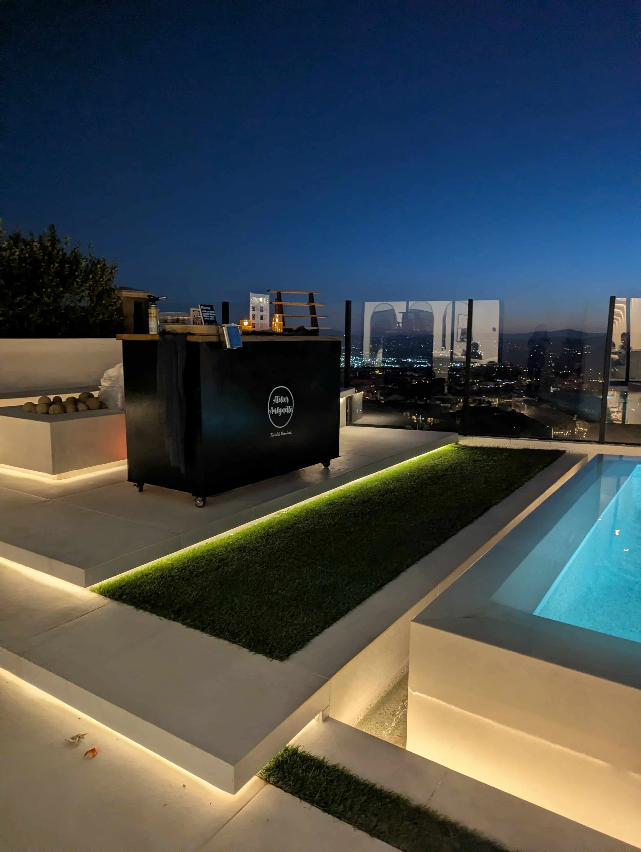 Luxury rooftop crème brûlée dessert bar catering setup overlooking city views in Los Angeles and Orange County